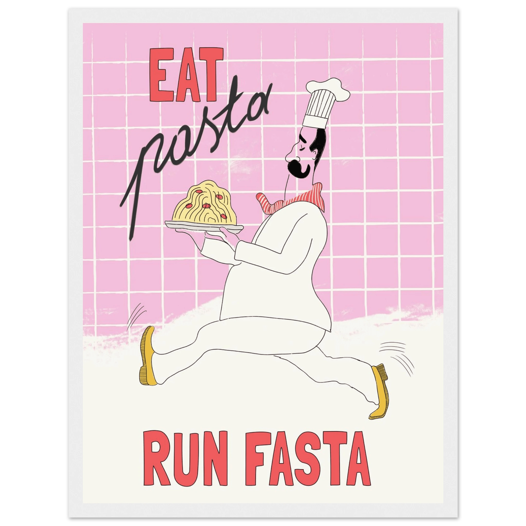 Eat Pasta Run Fasta Poster – Playful Kitchen Wall Art Print (Light Pink) - Evergreen Posters