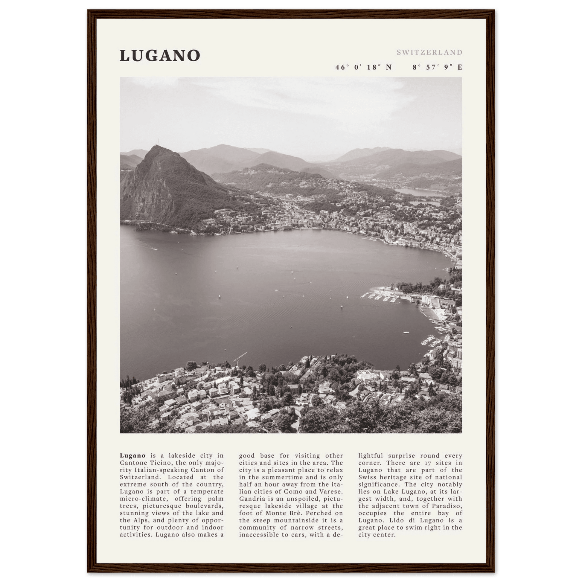 Lugano Poster | Black & White Swiss Lake Wall Art | Switzerland Travel Print - Evergreen Posters