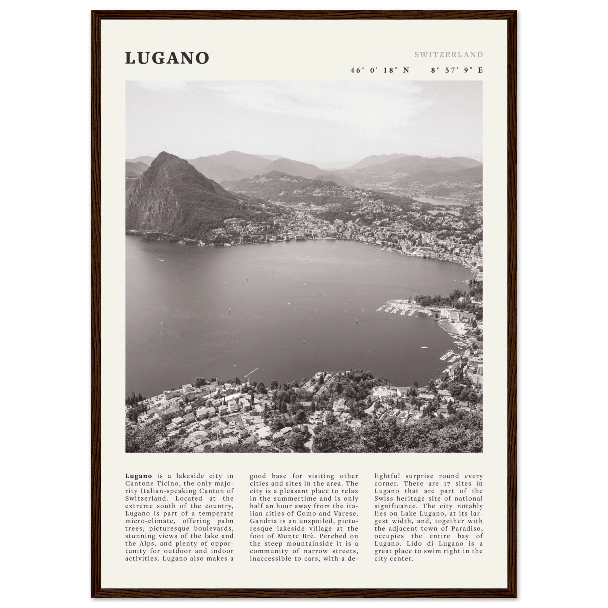 Lugano Poster | Black & White Swiss Lake Wall Art | Switzerland Travel Print - Evergreen Posters