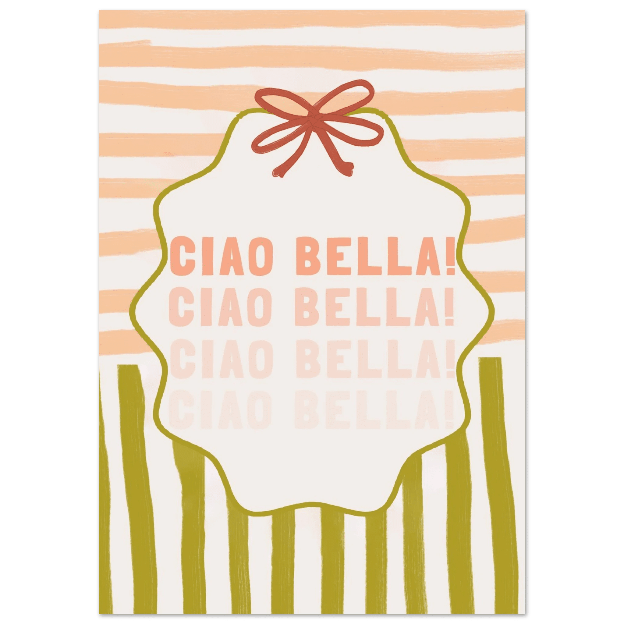 Ciao Bella Poster | Italian Typography Wall Art | Retro Stripe Bow Print | Cute Room Decor - Evergreen Posters