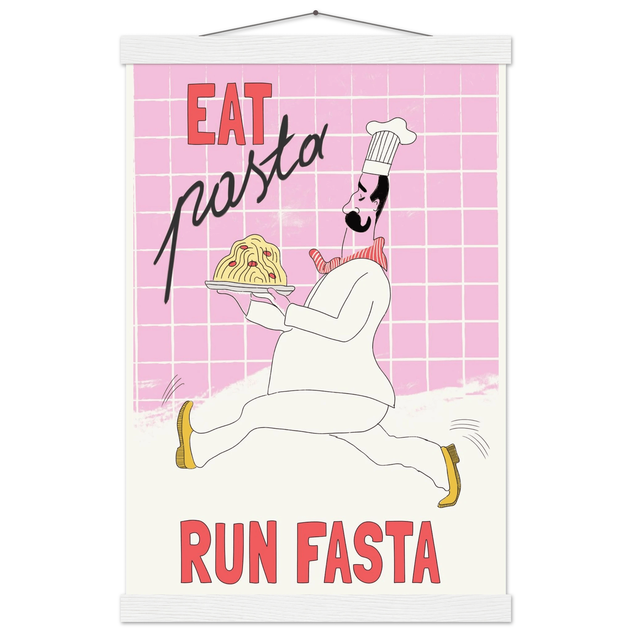 Eat Pasta Run Fasta Poster – Playful Kitchen Wall Art Print (Light Pink) - Evergreen Posters