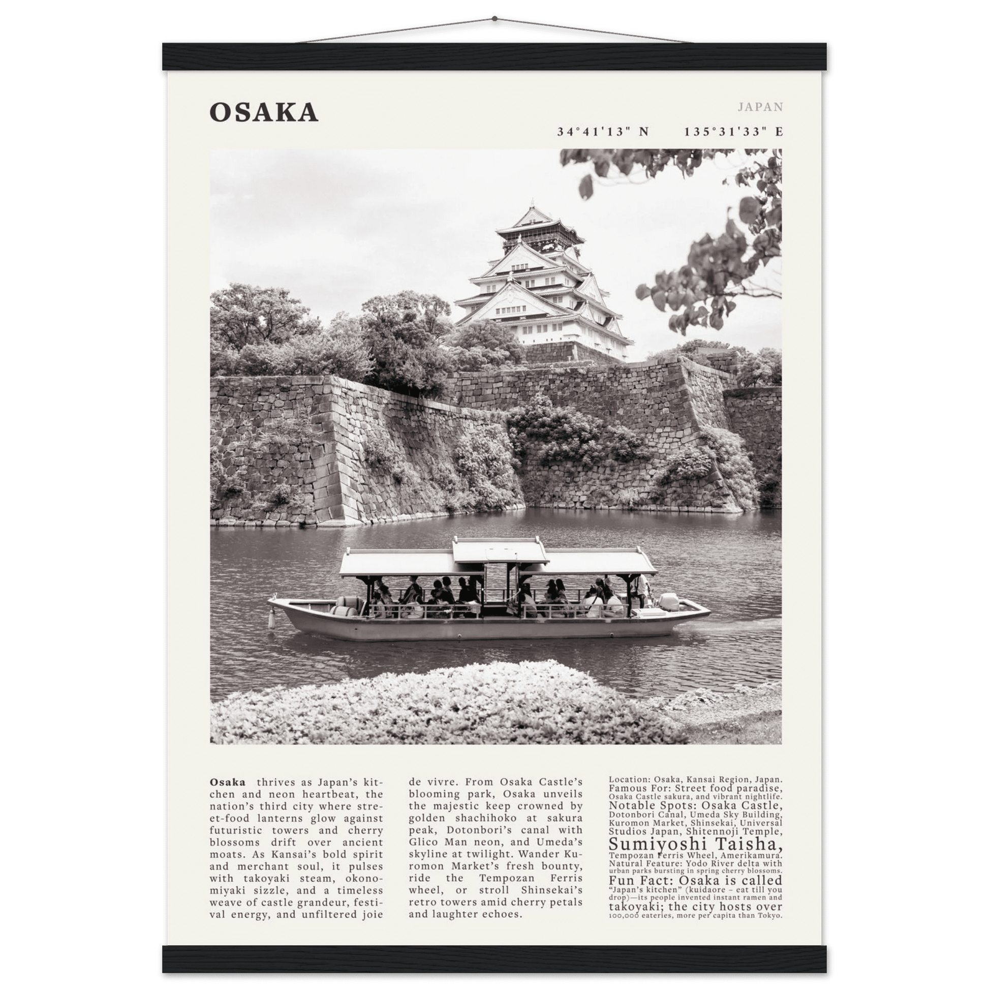 Osaka Poster Black and White – Vintage Osaka Castle Cherry Blossom Print (Digital & Printed Options) - Evergreen Posters