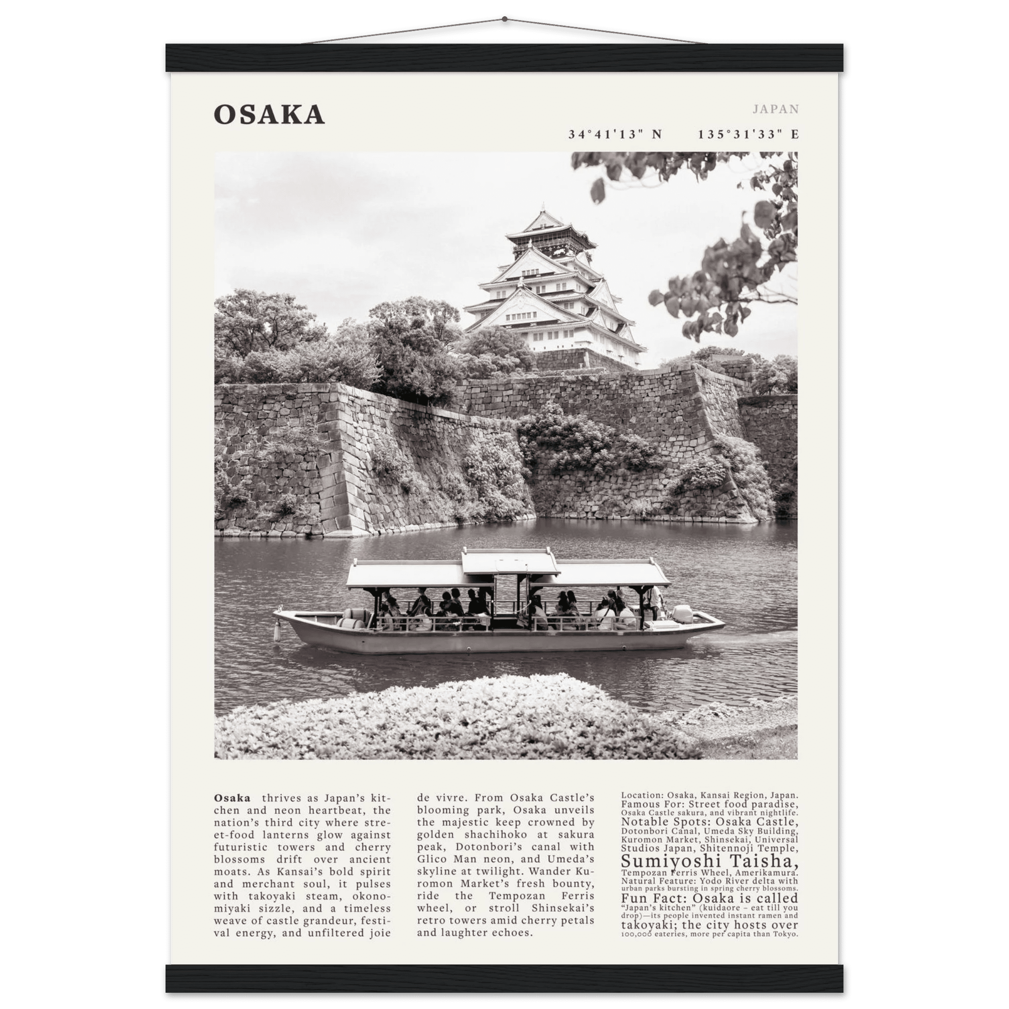 Osaka Poster Black and White – Vintage Osaka Castle Cherry Blossom Print (Digital & Printed Options) - Evergreen Posters