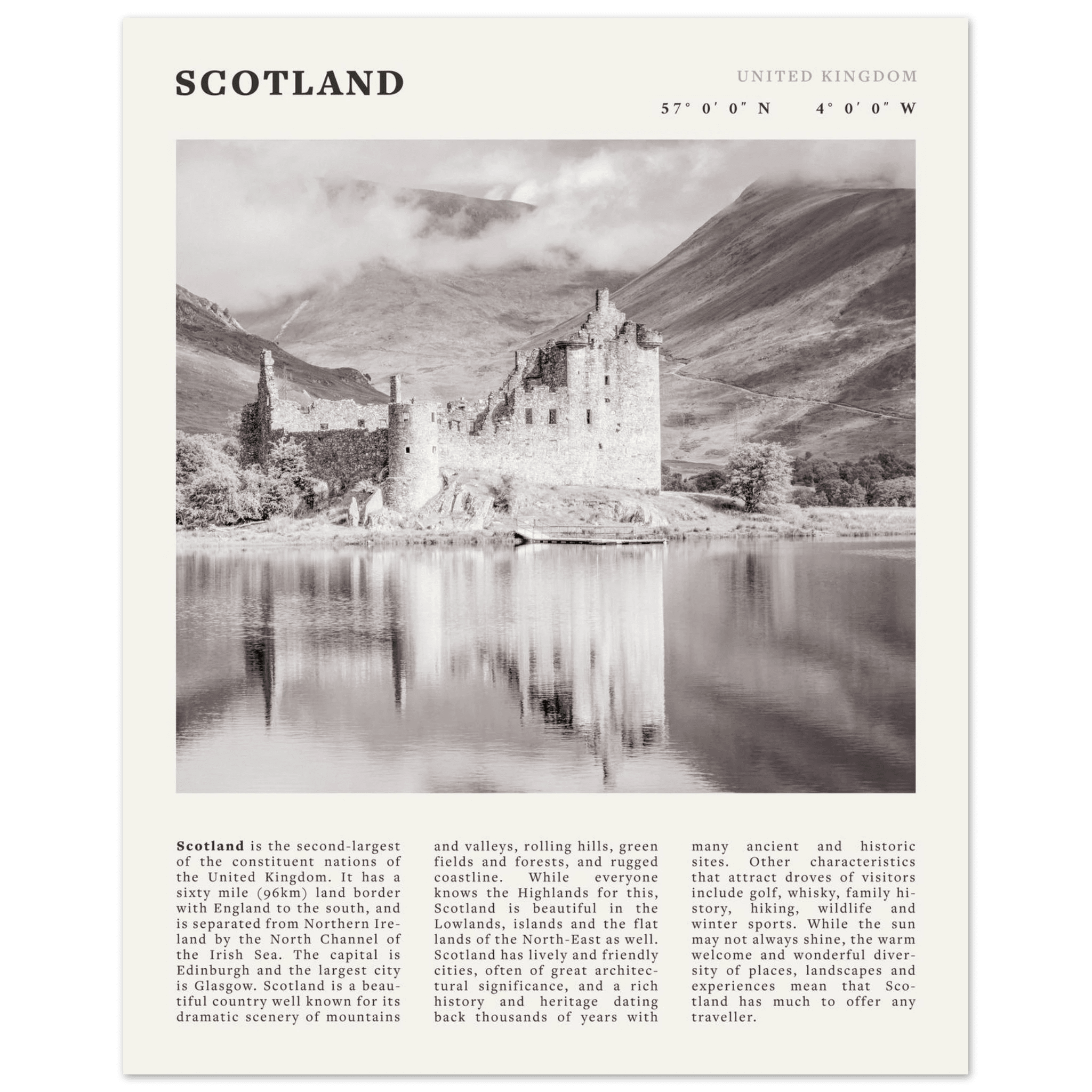 Scotland Poster | Black & White Highland Castle Wall Art | UK Travel Print Decor - Evergreen Posters