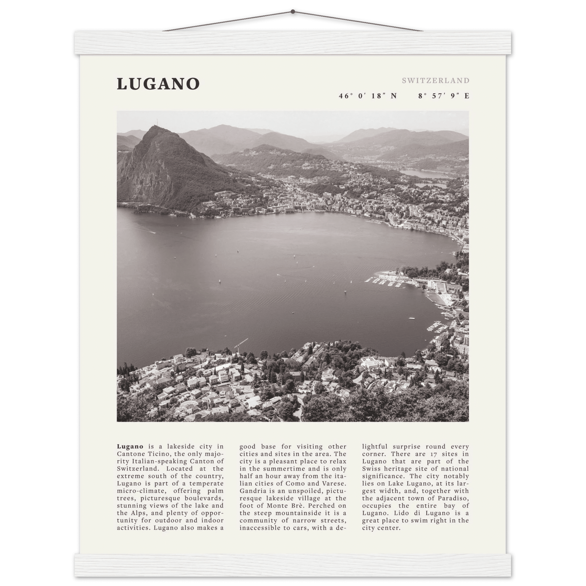 Lugano Poster | Black & White Swiss Lake Wall Art | Switzerland Travel Print - Evergreen Posters