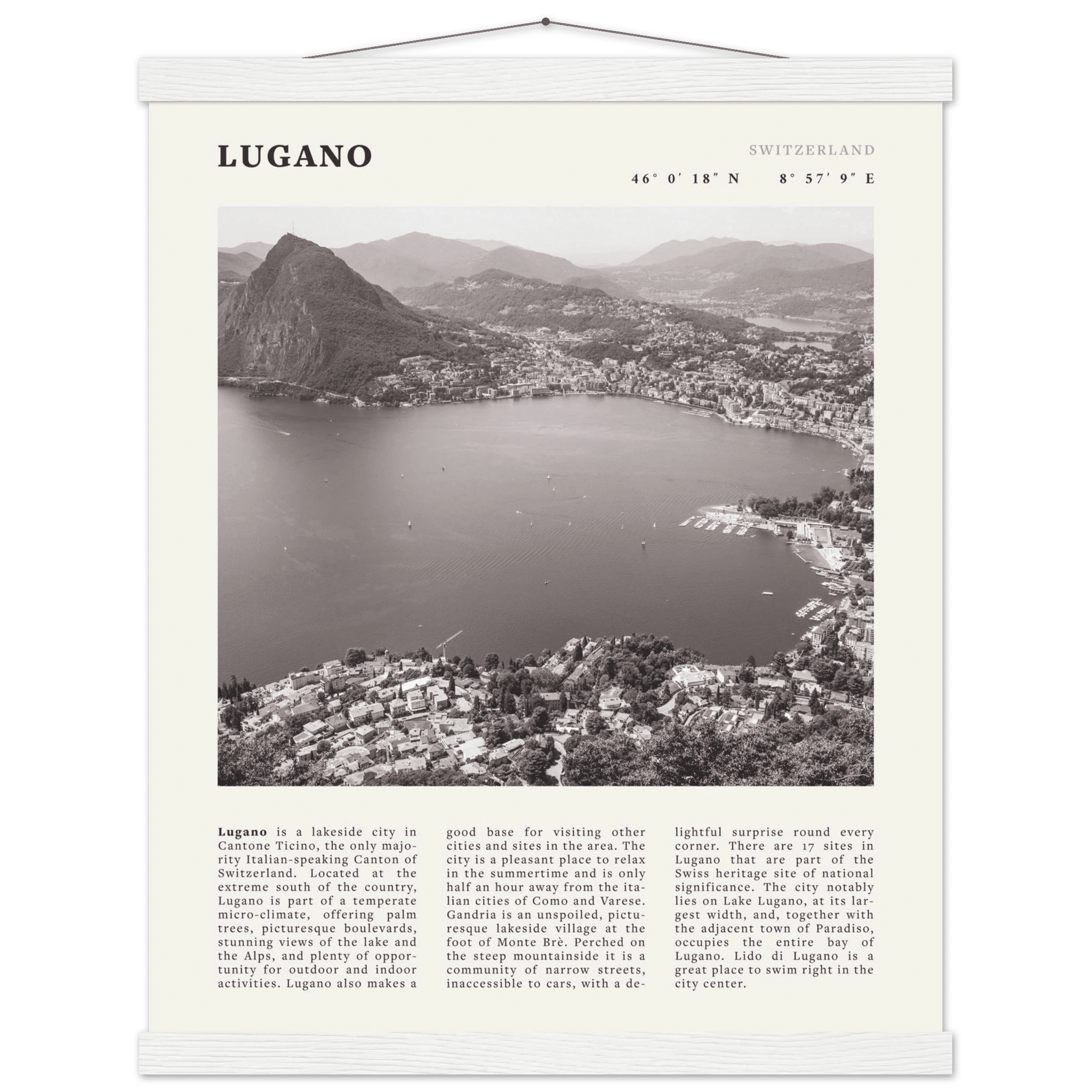 Lugano Poster | Black & White Swiss Lake Wall Art | Switzerland Travel Print - Evergreen Posters