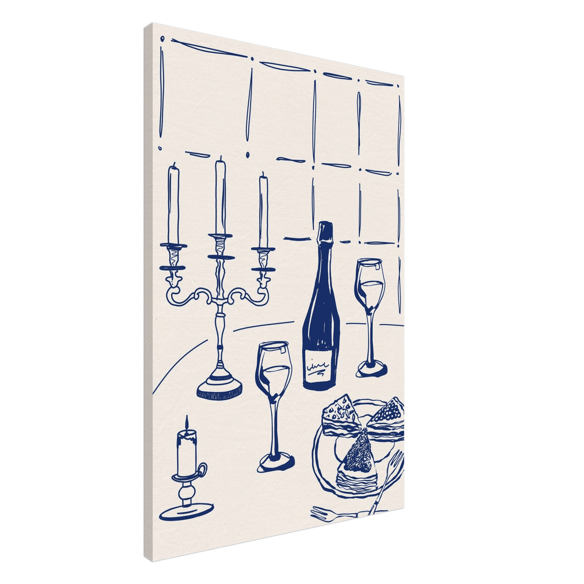 Candlelight Dinner Print | Navy Blue Wine & Candelabra Line Art | Kitchen Poster - Evergreen Posters