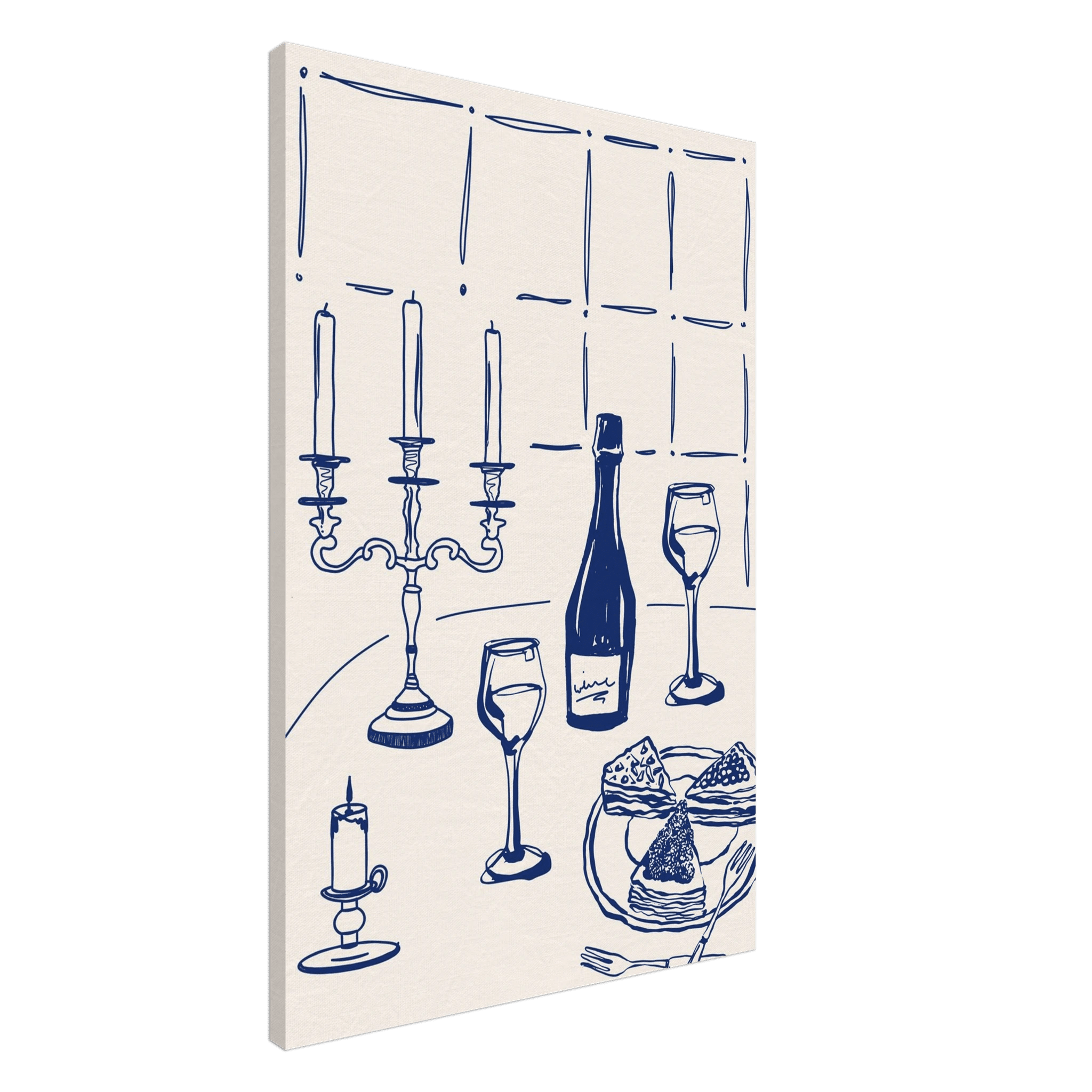 Candlelight Dinner Print | Navy Blue Wine & Candelabra Line Art | Kitchen Poster - Evergreen Posters