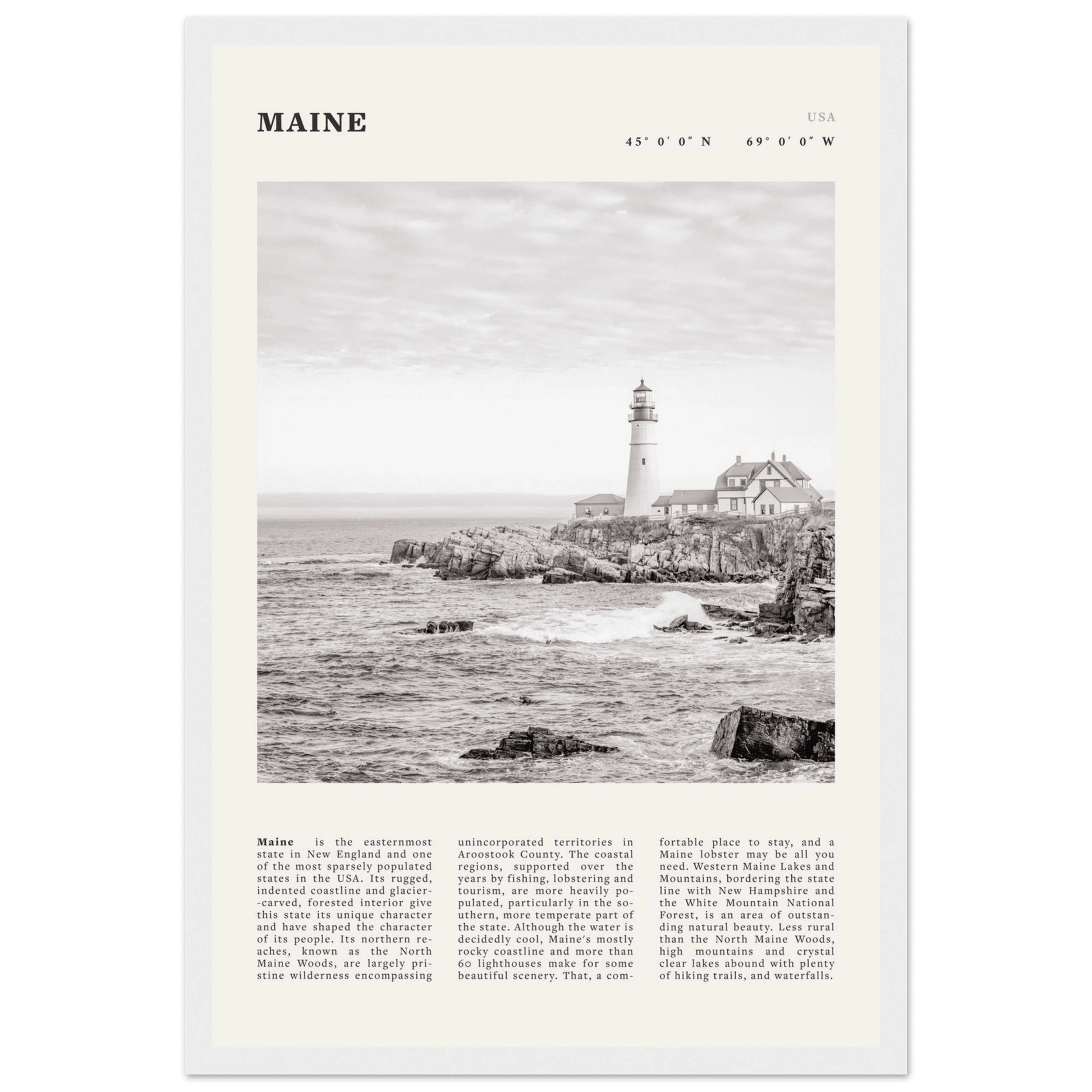 Maine Poster | Black & White Lighthouse Wall Art | New England Coastal Travel Print - Evergreen Posters