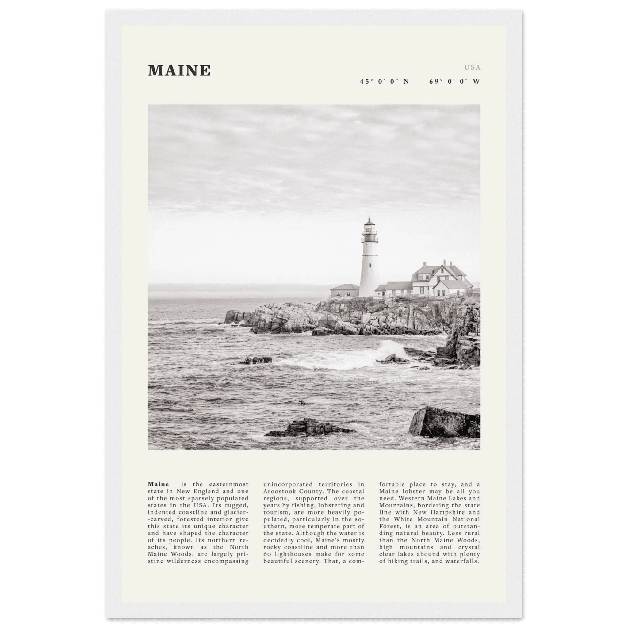 Maine Poster | Black & White Lighthouse Wall Art | New England Coastal Travel Print - Evergreen Posters