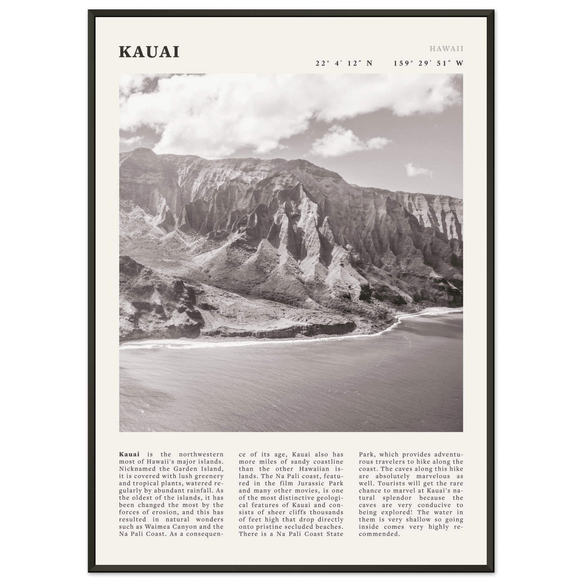 Kauai Poster | Black & White Na Pali Coast Wall Art | Hawaii Travel Print Decor - Evergreen Posters