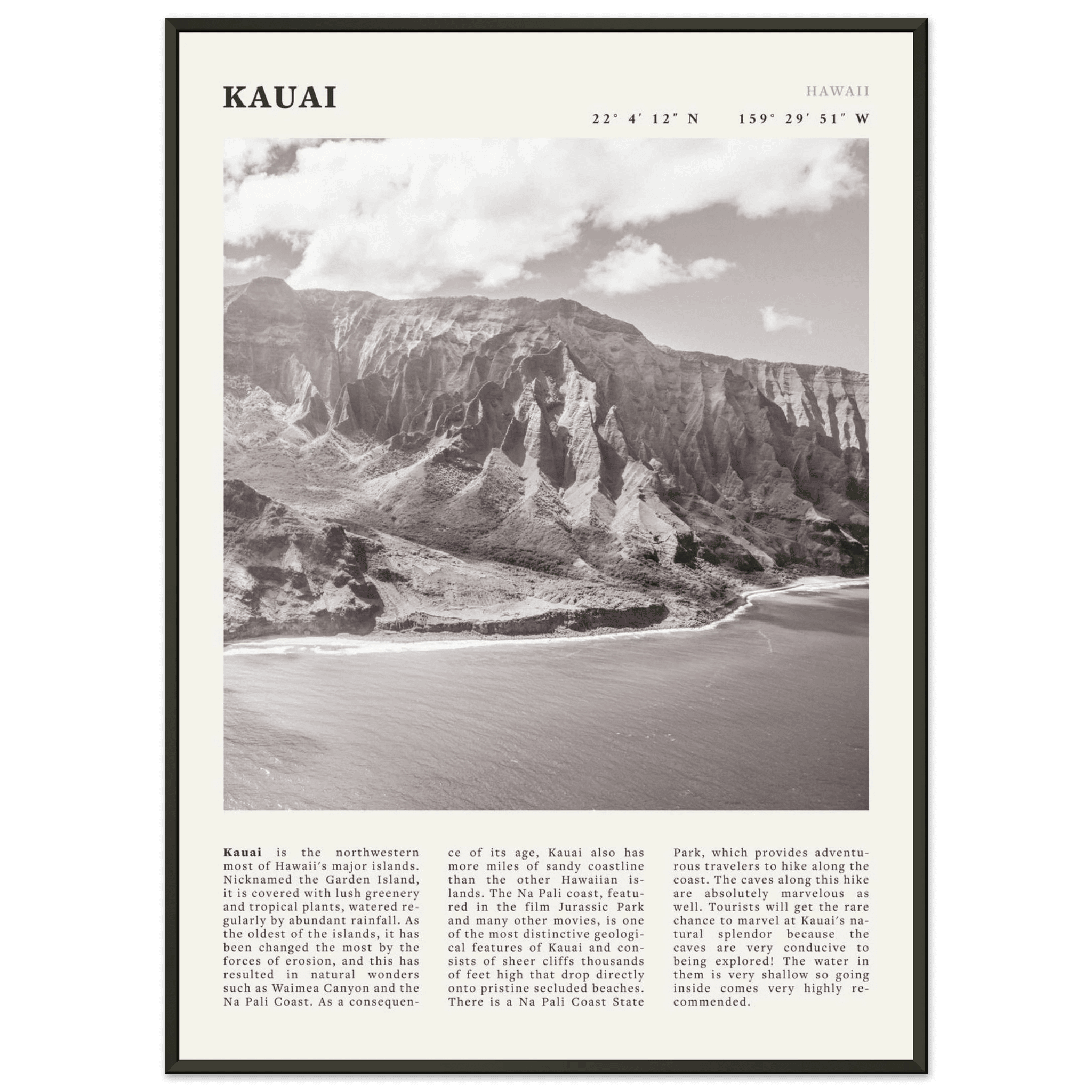 Kauai Poster | Black & White Na Pali Coast Wall Art | Hawaii Travel Print Decor - Evergreen Posters