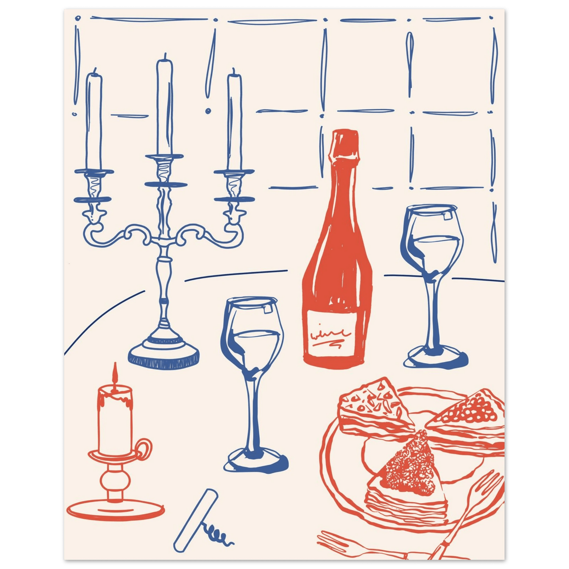 Candlelight Dinner Print | Wine & Candelabra Line Art Wall Art | Kitchen Poster - Evergreen Posters