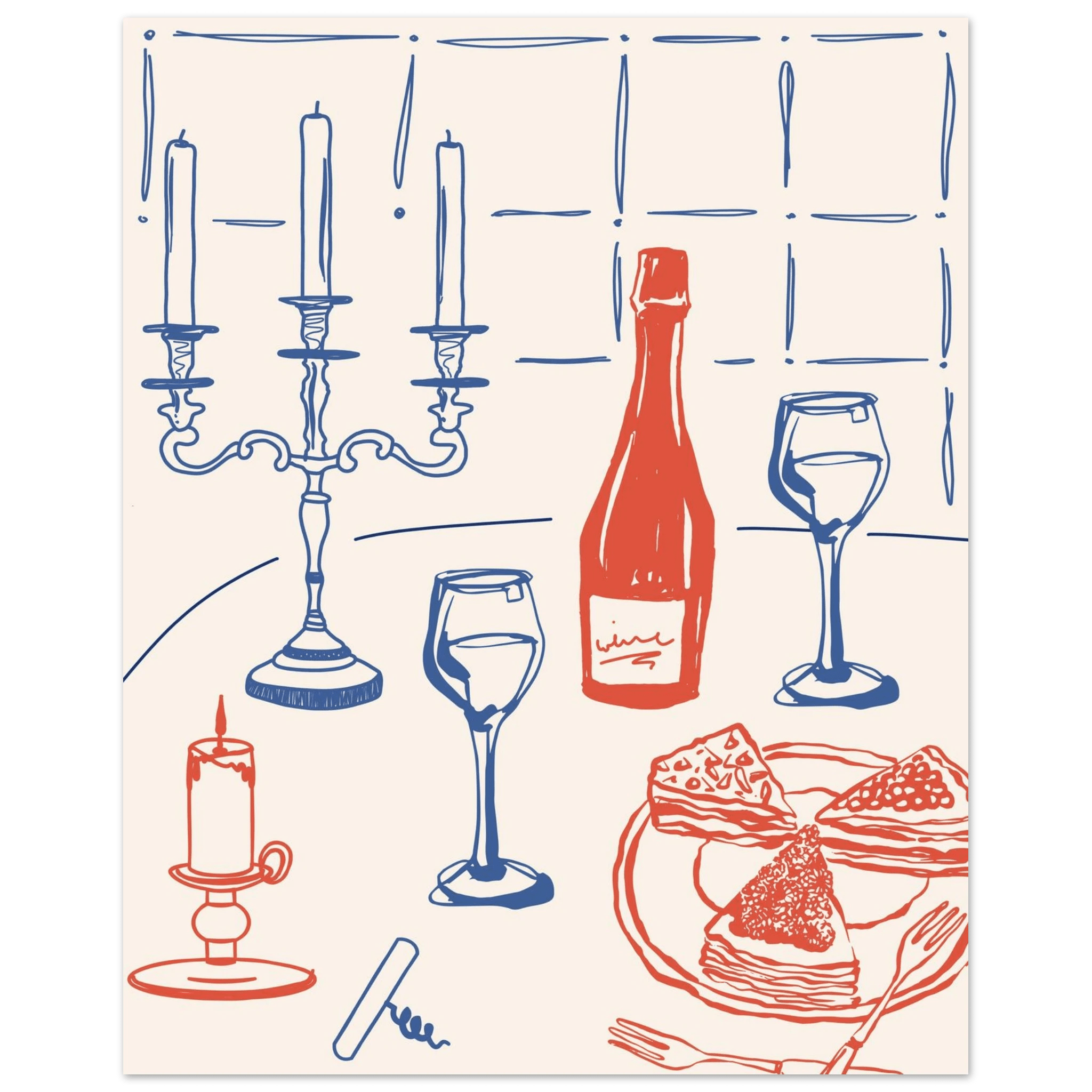 Candlelight Dinner Print | Wine & Candelabra Line Art Wall Art | Kitchen Poster - Evergreen Posters