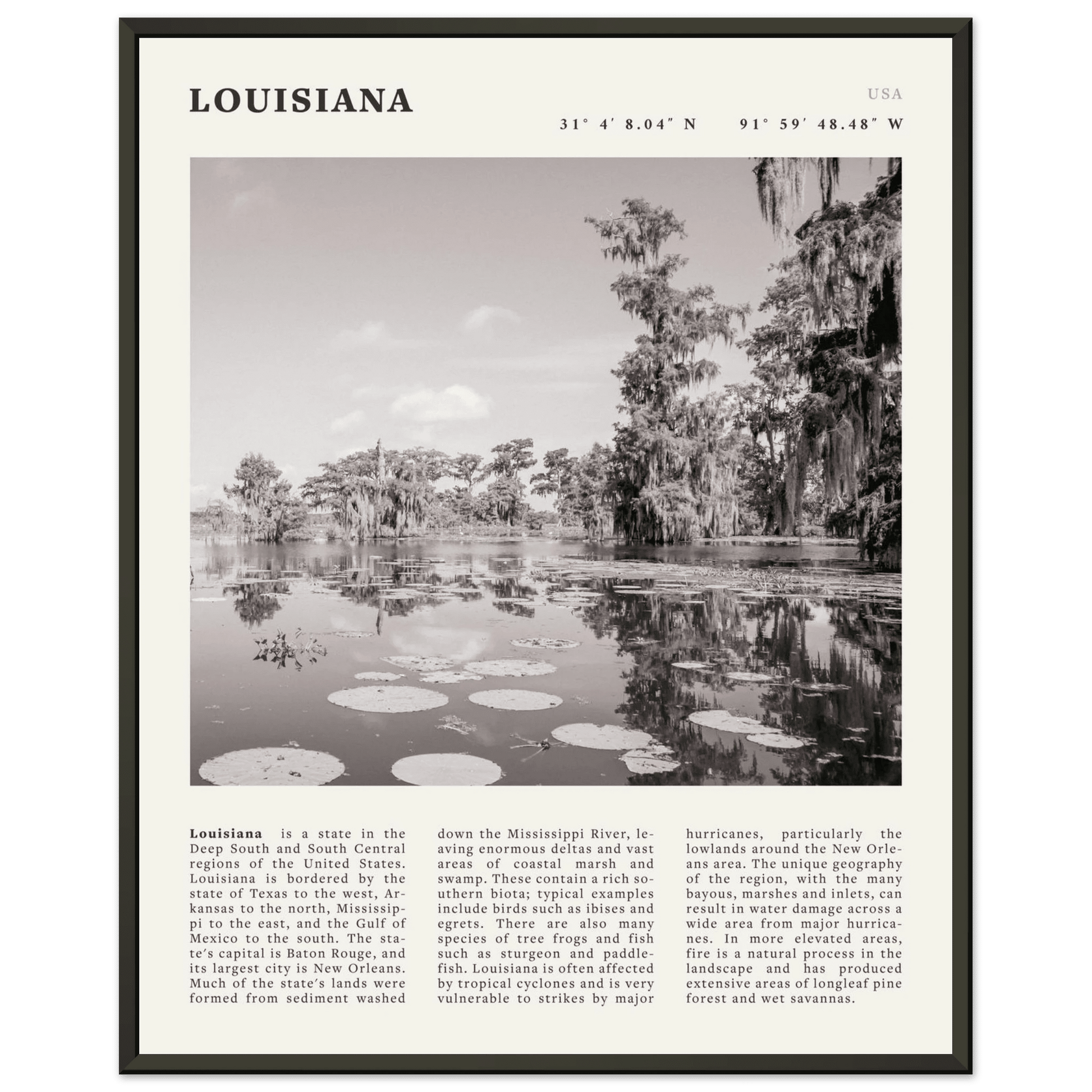Louisiana Poster | Black & White Bayou Wall Art | Southern USA Travel Print Decor - Evergreen Posters
