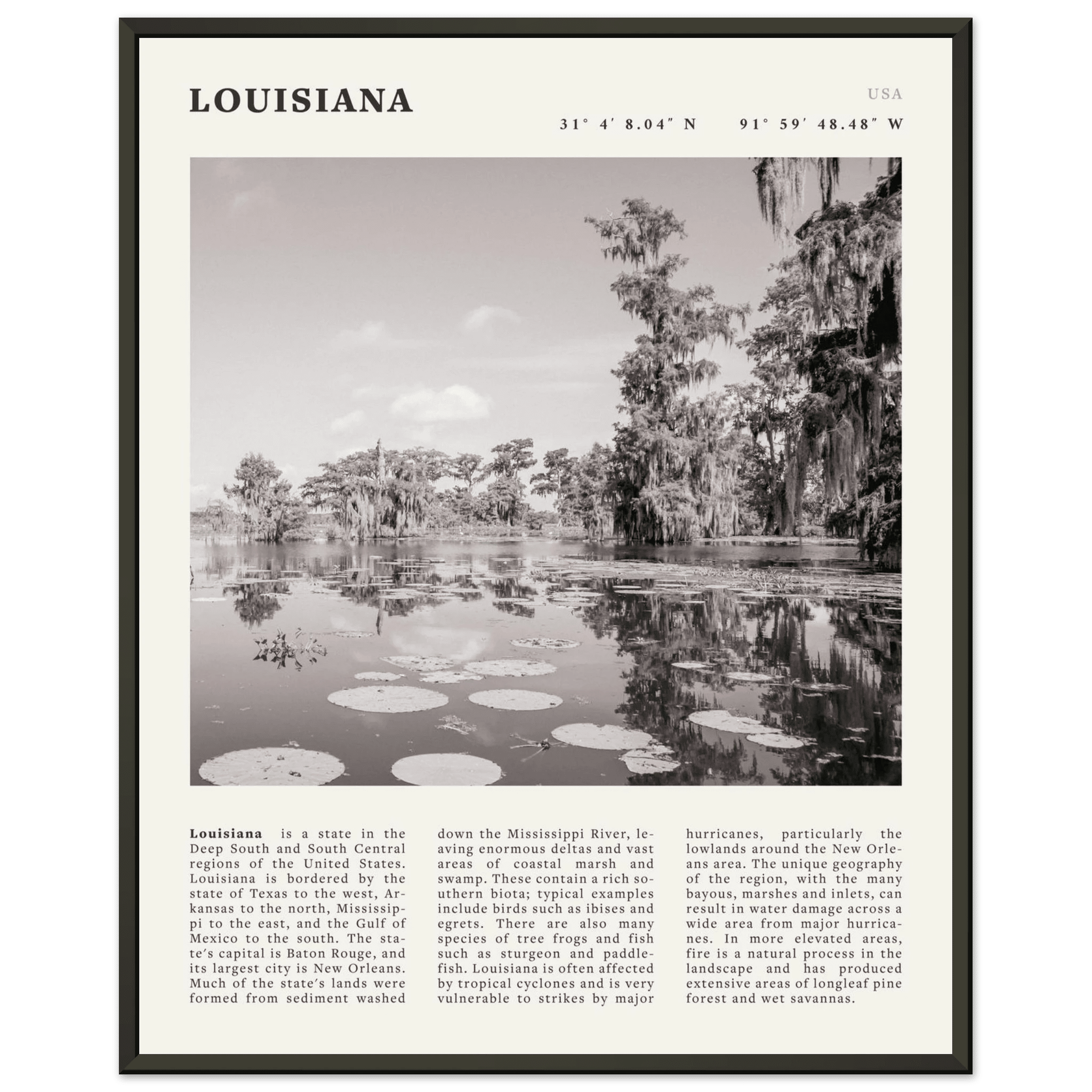 Louisiana Poster | Black & White Bayou Wall Art | Southern USA Travel Print Decor - Evergreen Posters