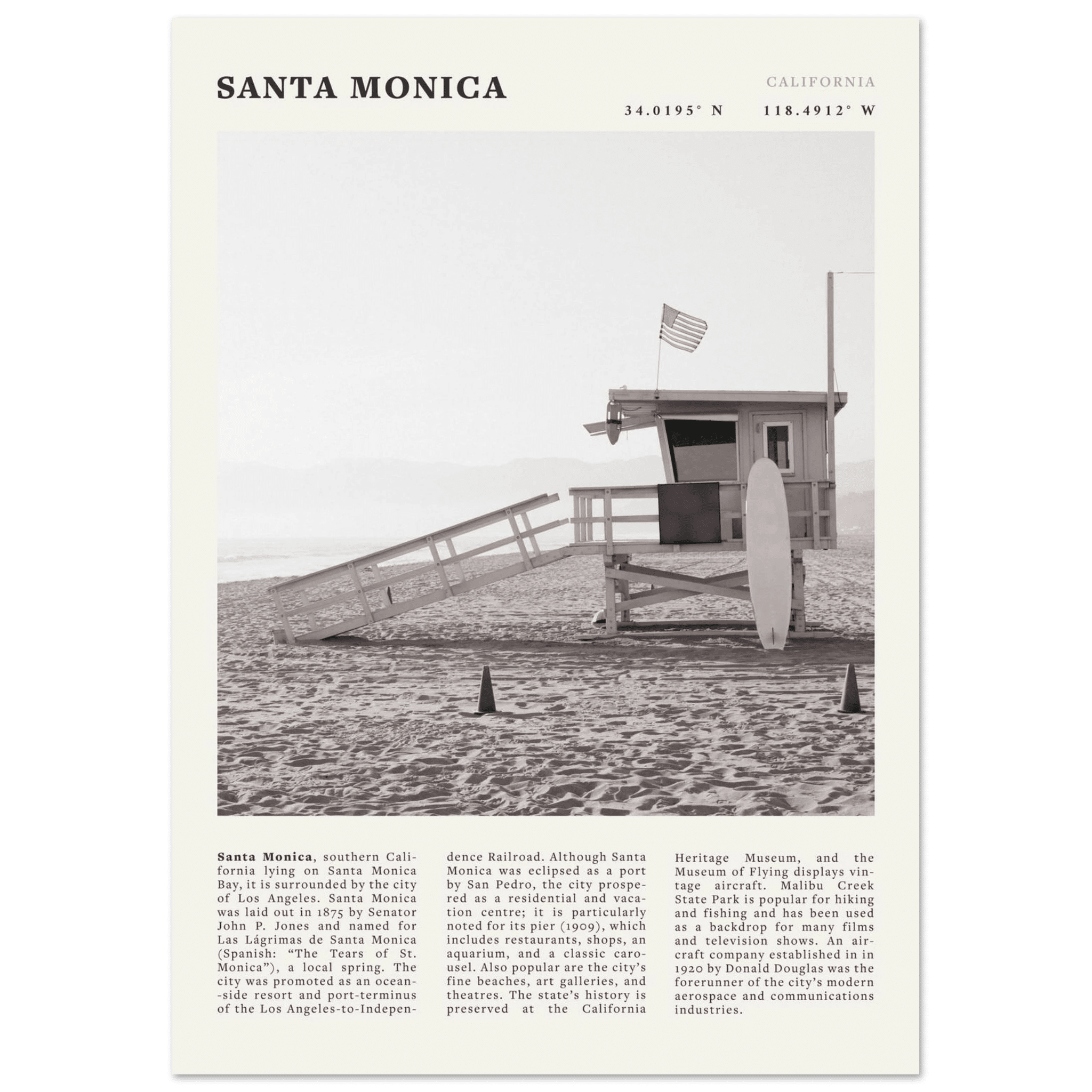 Santa Monica Poster | Black & White California Wall Art | Beach Travel Print | Coastal Decor - Evergreen Posters
