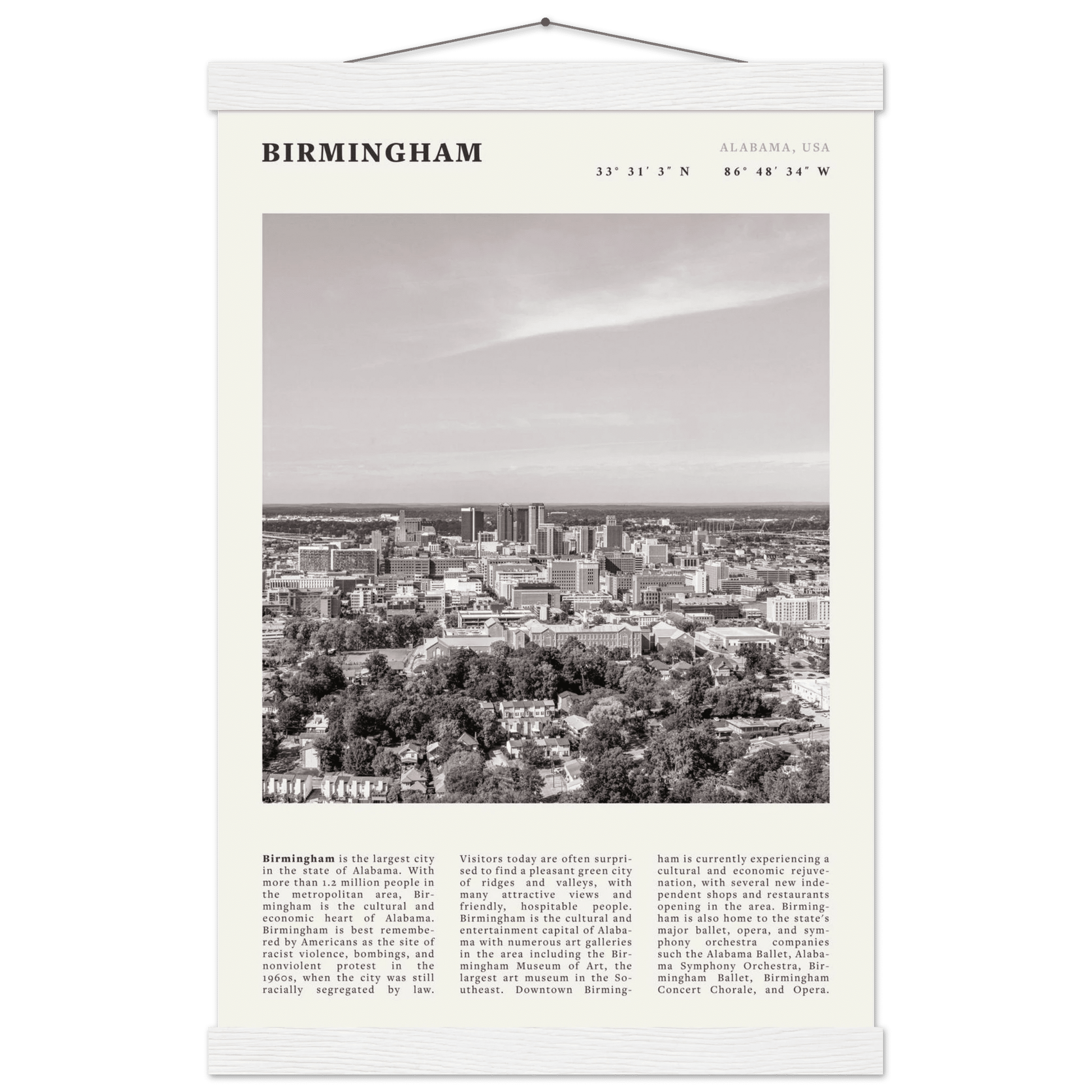 Birmingham Poster | Black & White Alabama Skyline Wall Art | AL Travel Print - Evergreen Posters