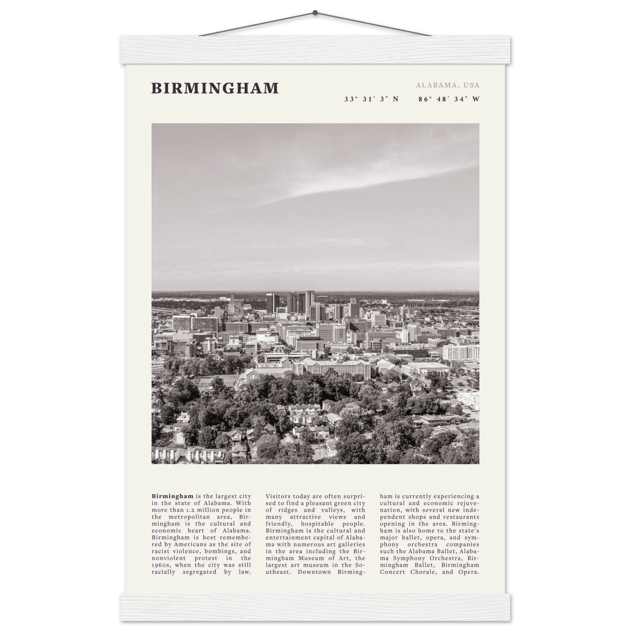 Birmingham Poster | Black & White Alabama Skyline Wall Art | AL Travel Print - Evergreen Posters