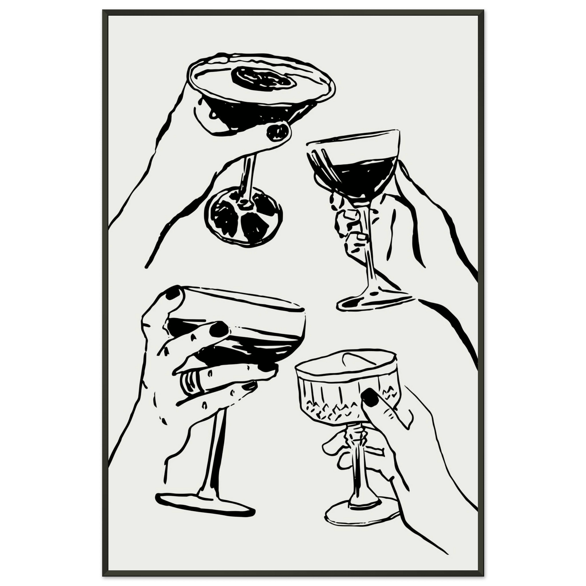 Cheers Print | Black Line Art Cocktail Glasses Wall Art | Kitchen Bar Poster - Evergreen Posters