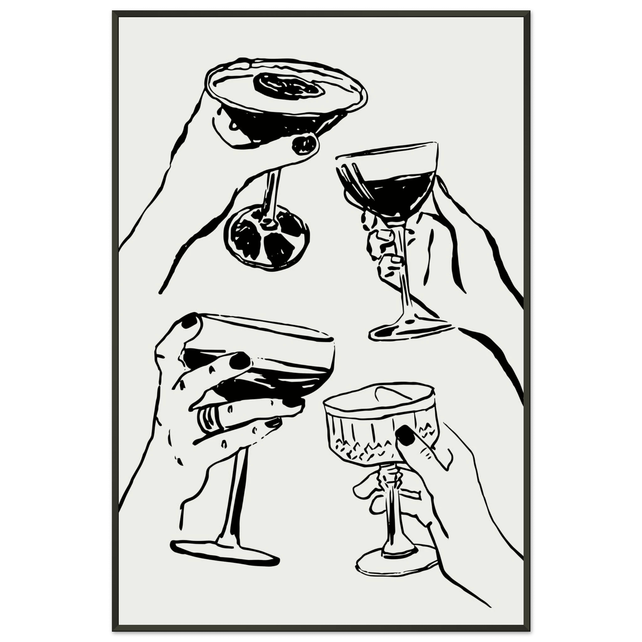 Cheers Print | Black Line Art Cocktail Glasses Wall Art | Kitchen Bar Poster - Evergreen Posters