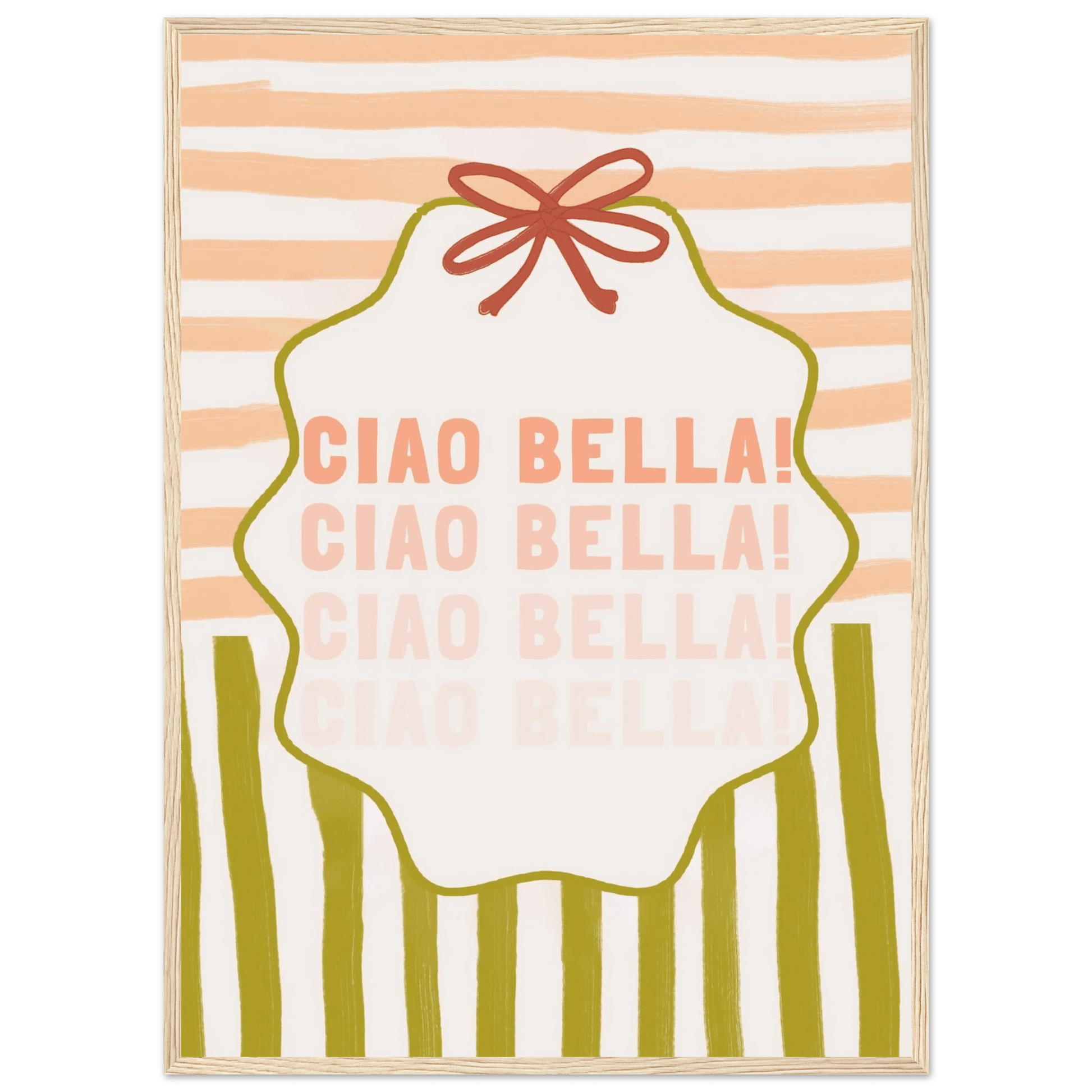 Ciao Bella Poster | Italian Typography Wall Art | Retro Stripe Bow Print | Cute Room Decor - Evergreen Posters