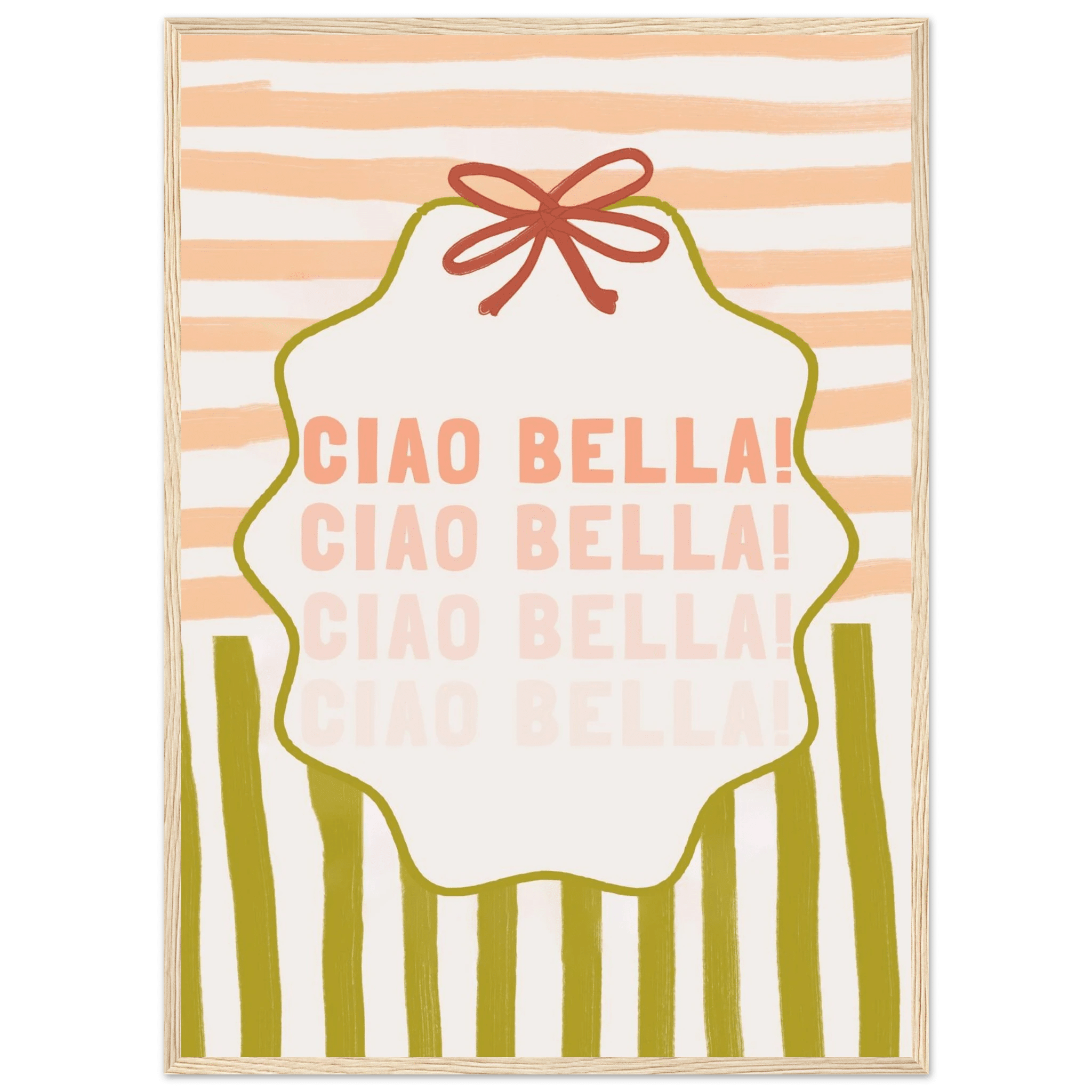 Ciao Bella Poster | Italian Typography Wall Art | Retro Stripe Bow Print | Cute Room Decor - Evergreen Posters