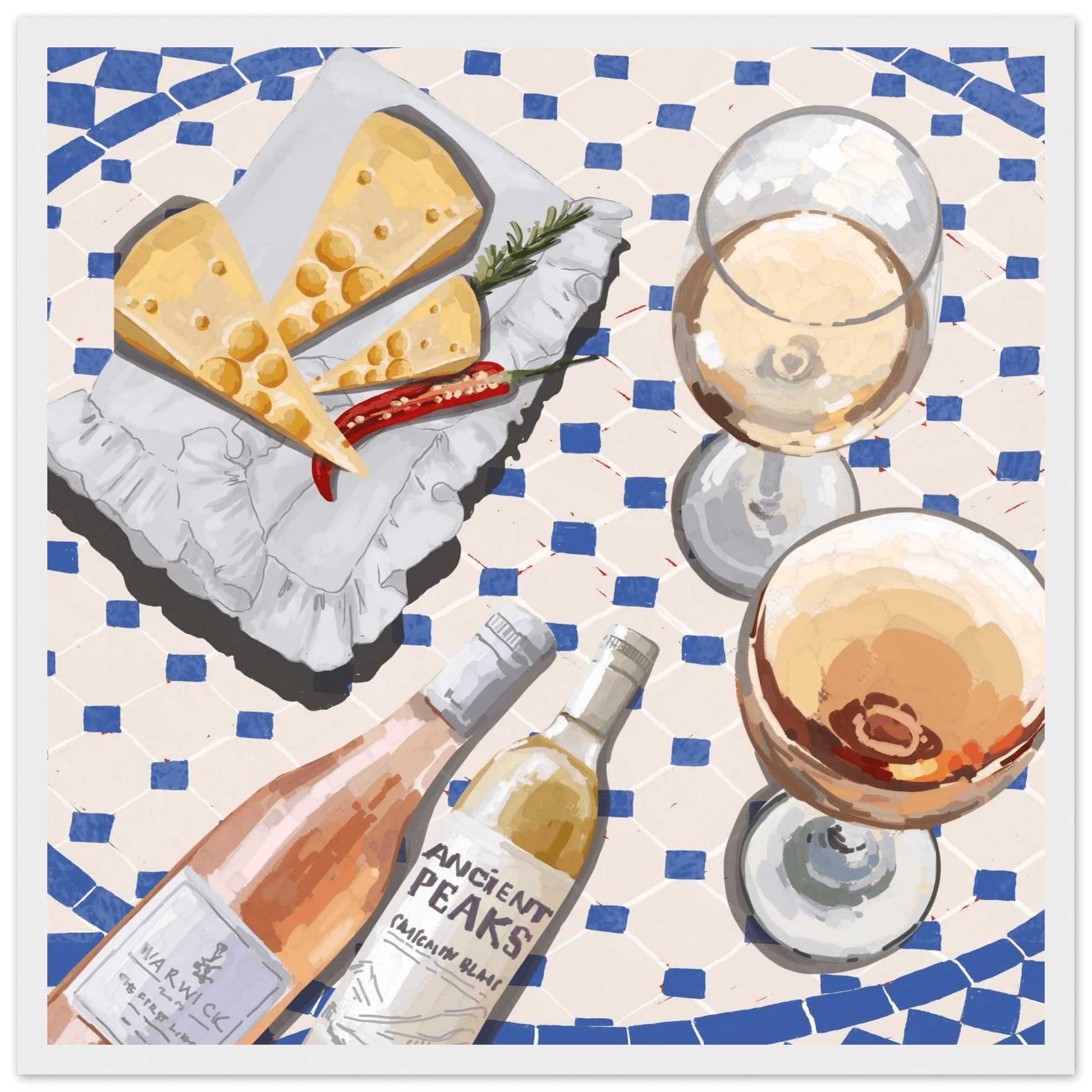 Wine & Cheese Poster | Food Wall Art | Blue Tile Square Kitchen Print - Evergreen Posters - 30