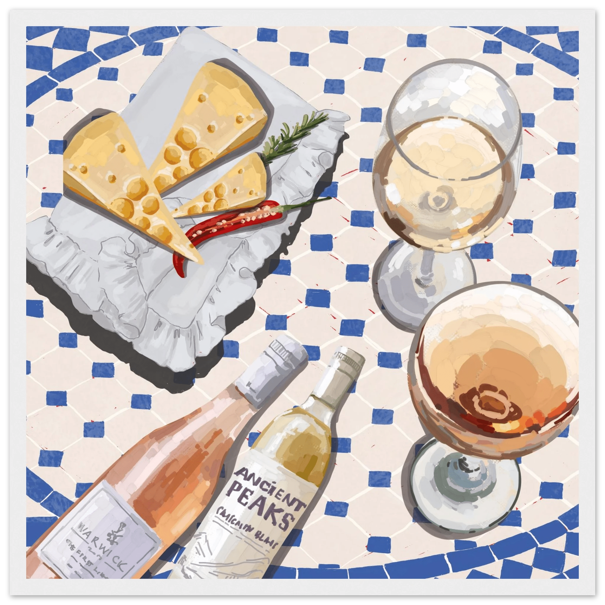 Wine & Cheese Poster | Food Wall Art | Blue Tile Square Kitchen Print - Evergreen Posters - 30