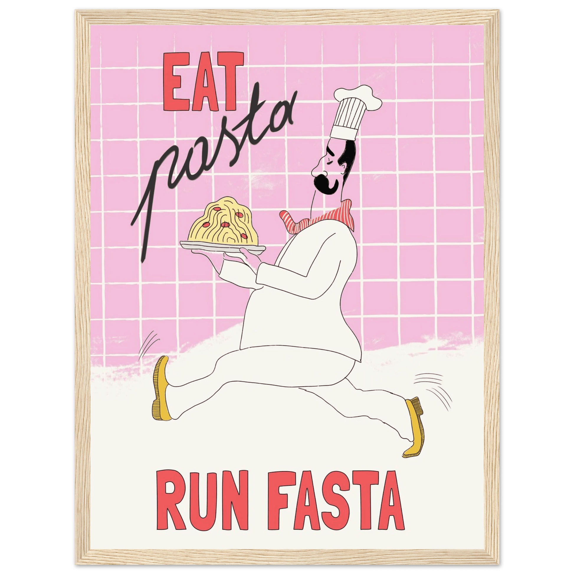 Eat Pasta Run Fasta Poster – Playful Kitchen Wall Art Print (Light Pink) - Evergreen Posters