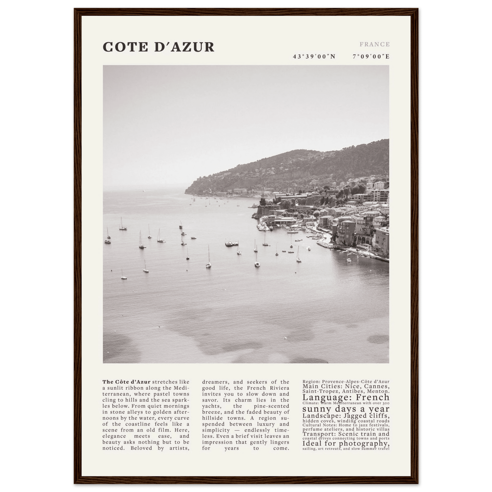 Côte d'Azur Poster Black and White – Vintage French Riviera Coast Print (Digital & Printed Options) - Evergreen Posters