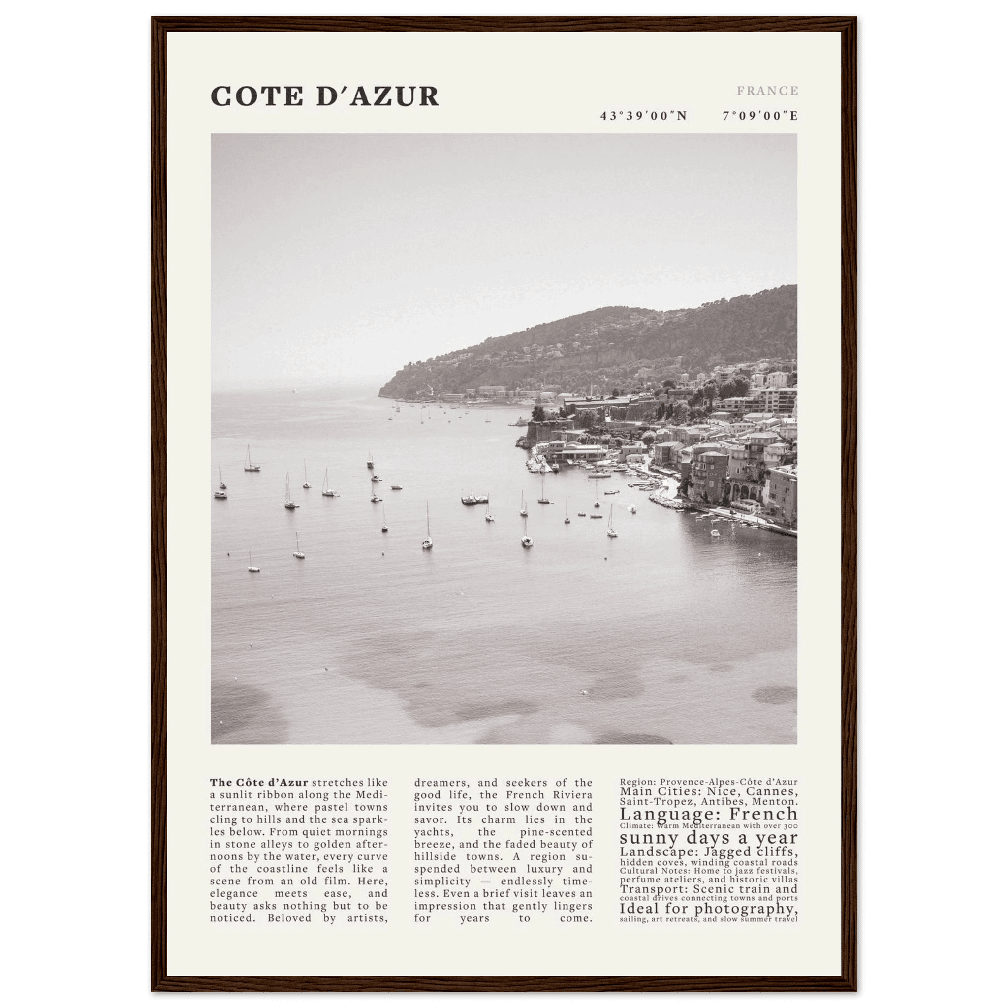 Côte d'Azur Poster Black and White – Vintage French Riviera Coast Print (Digital & Printed Options) - Evergreen Posters