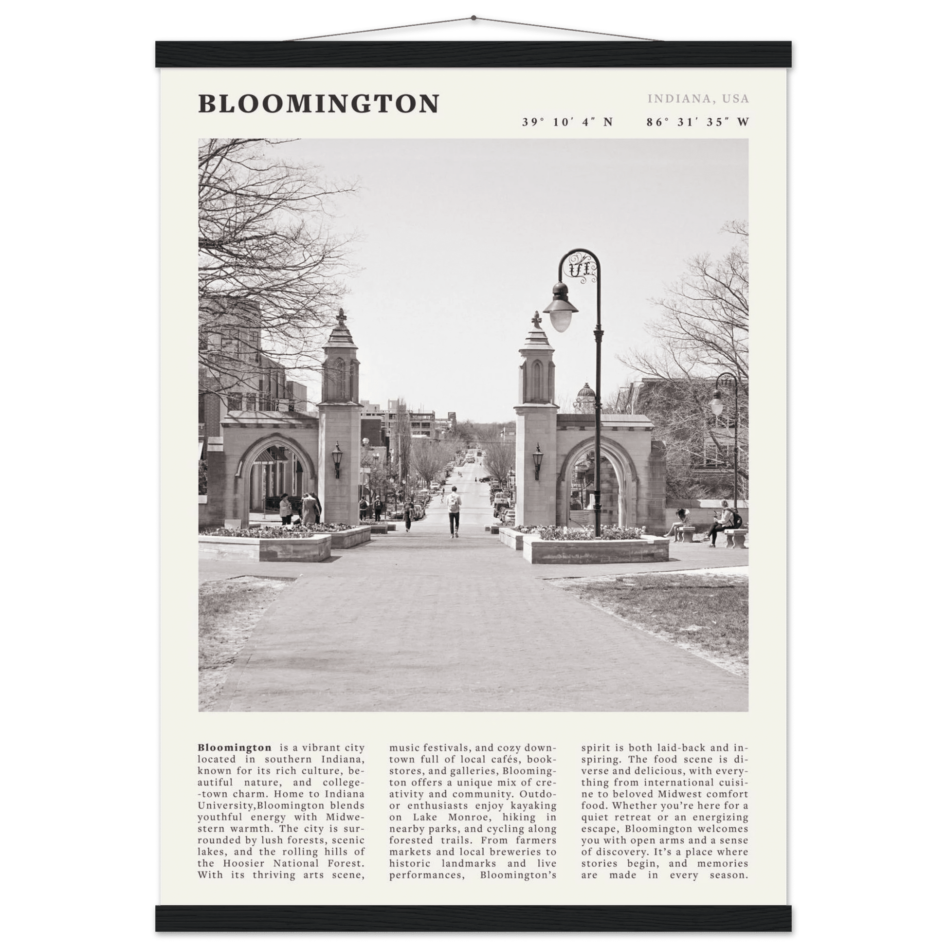 Bloomington Indiana Black and White Vintage Poster - Evergreen Posters
