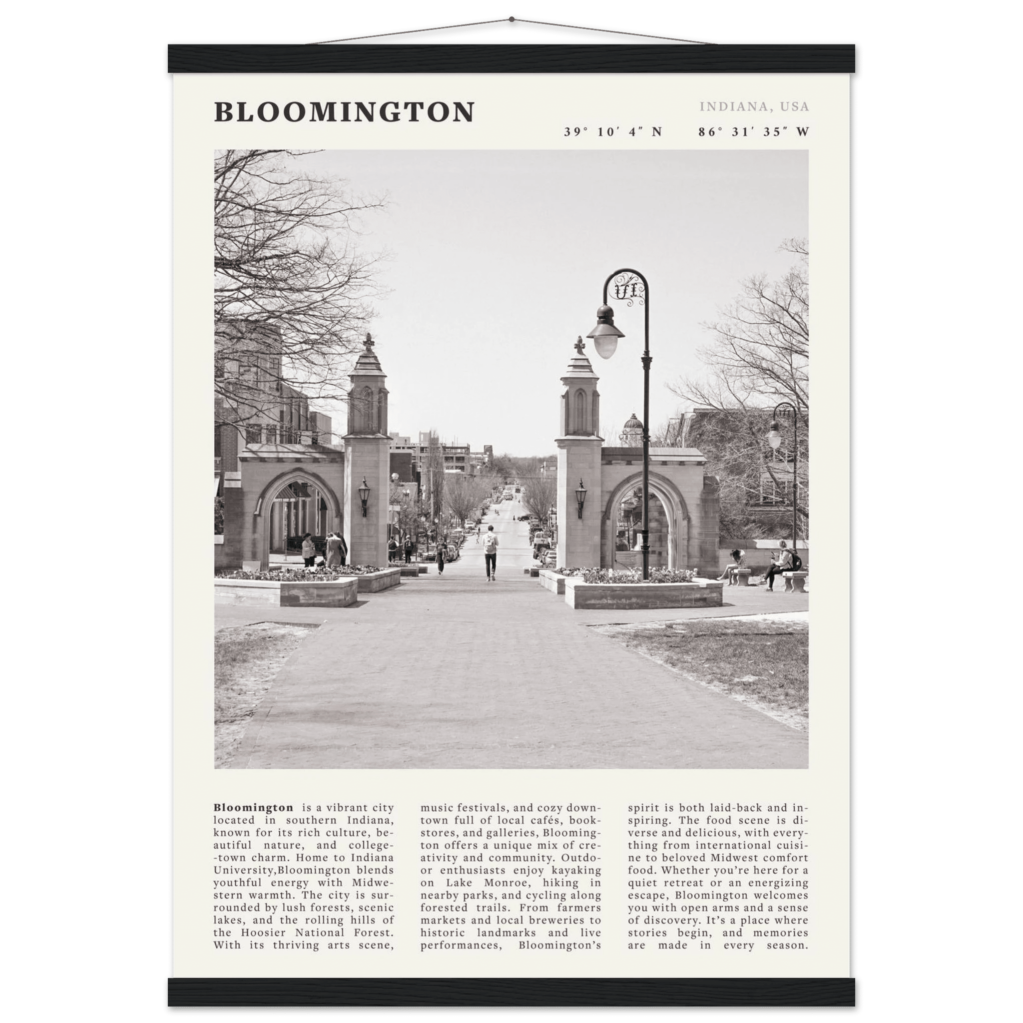 Bloomington Indiana Black and White Vintage Poster - Evergreen Posters