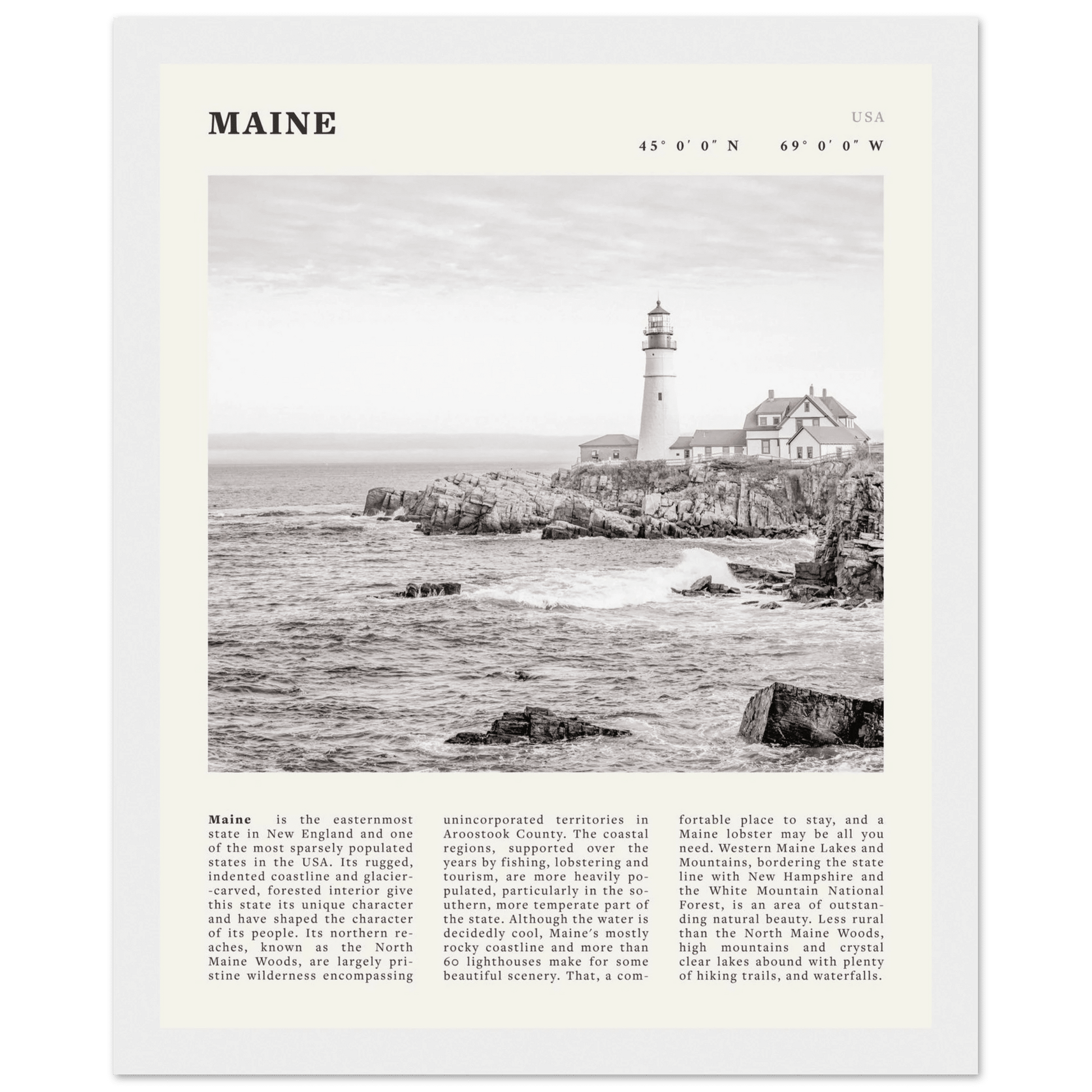 Maine Poster | Black & White Lighthouse Wall Art | New England Coastal Travel Print - Evergreen Posters
