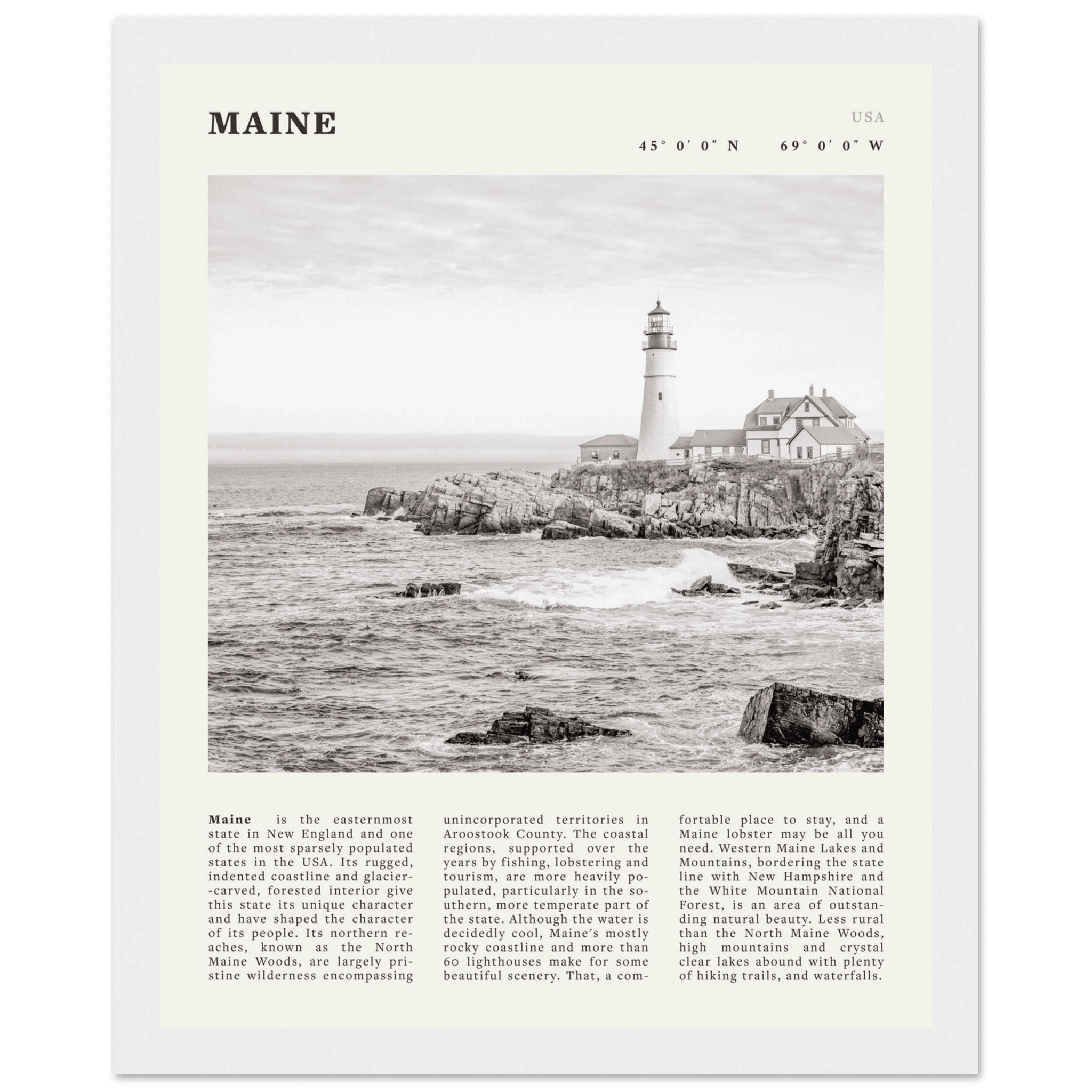 Maine Poster | Black & White Lighthouse Wall Art | New England Coastal Travel Print - Evergreen Posters