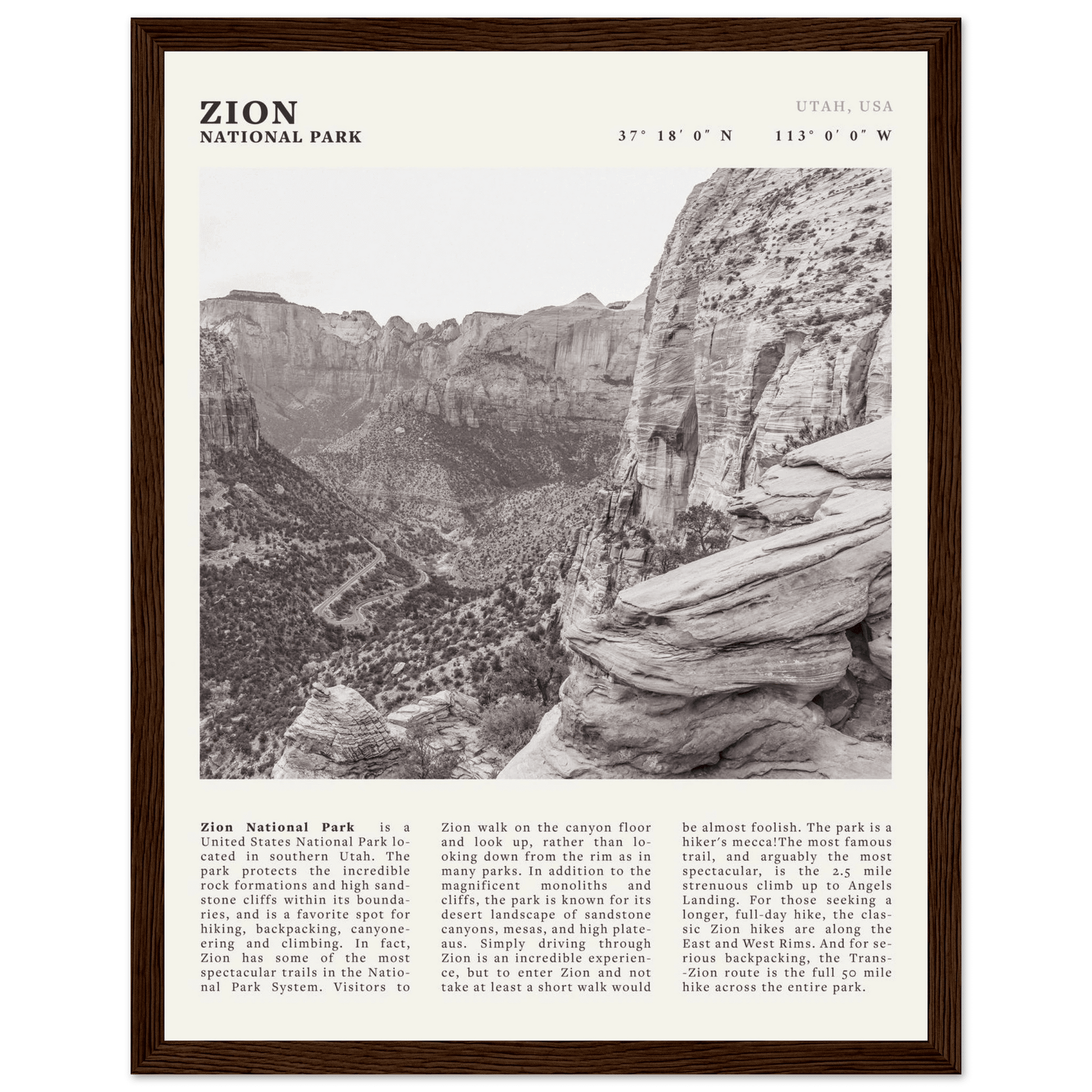 Zion National Park Poster | Black & White Utah Canyon Wall Art | USA Travel Print - Evergreen Posters
