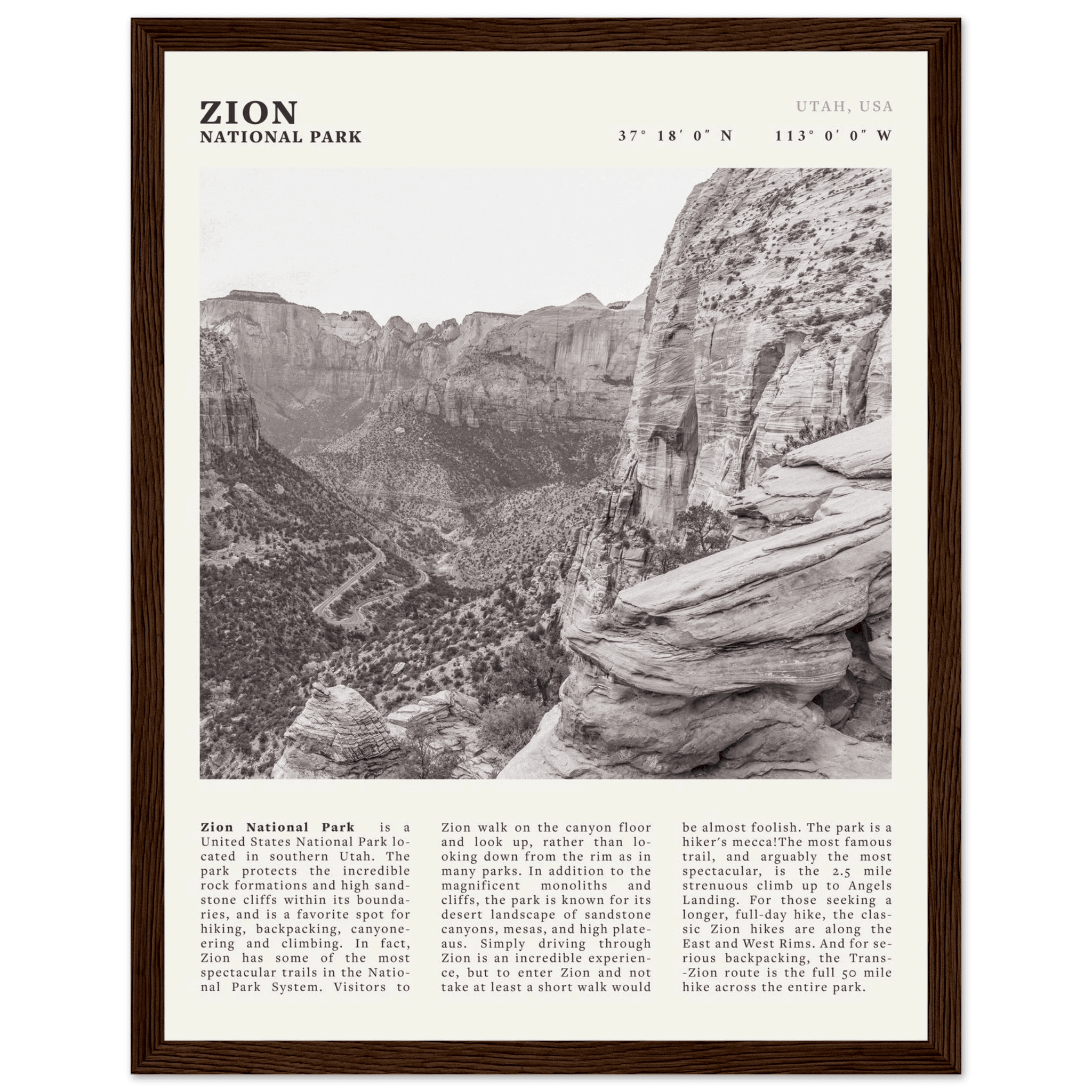 Zion National Park Poster | Black & White Utah Canyon Wall Art | USA Travel Print - Evergreen Posters