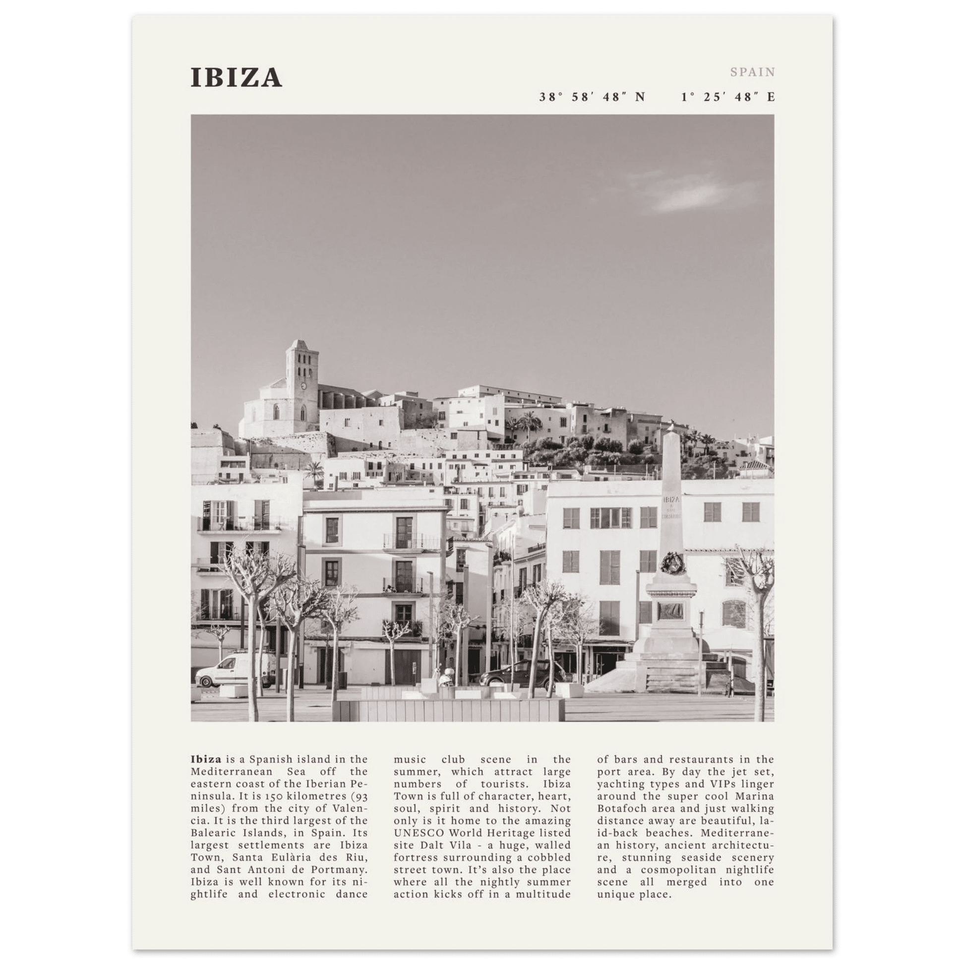 Ibiza Poster | Black & White Spanish Island Wall Art | Spain Travel Print - Evergreen Posters