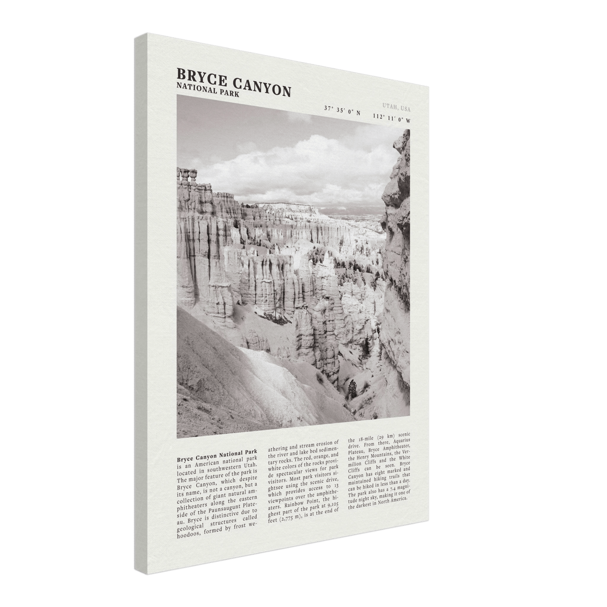 Bryce Canyon National Park Poster | Black & White Utah Hoodoos Wall Art Print - Evergreen Posters - 64