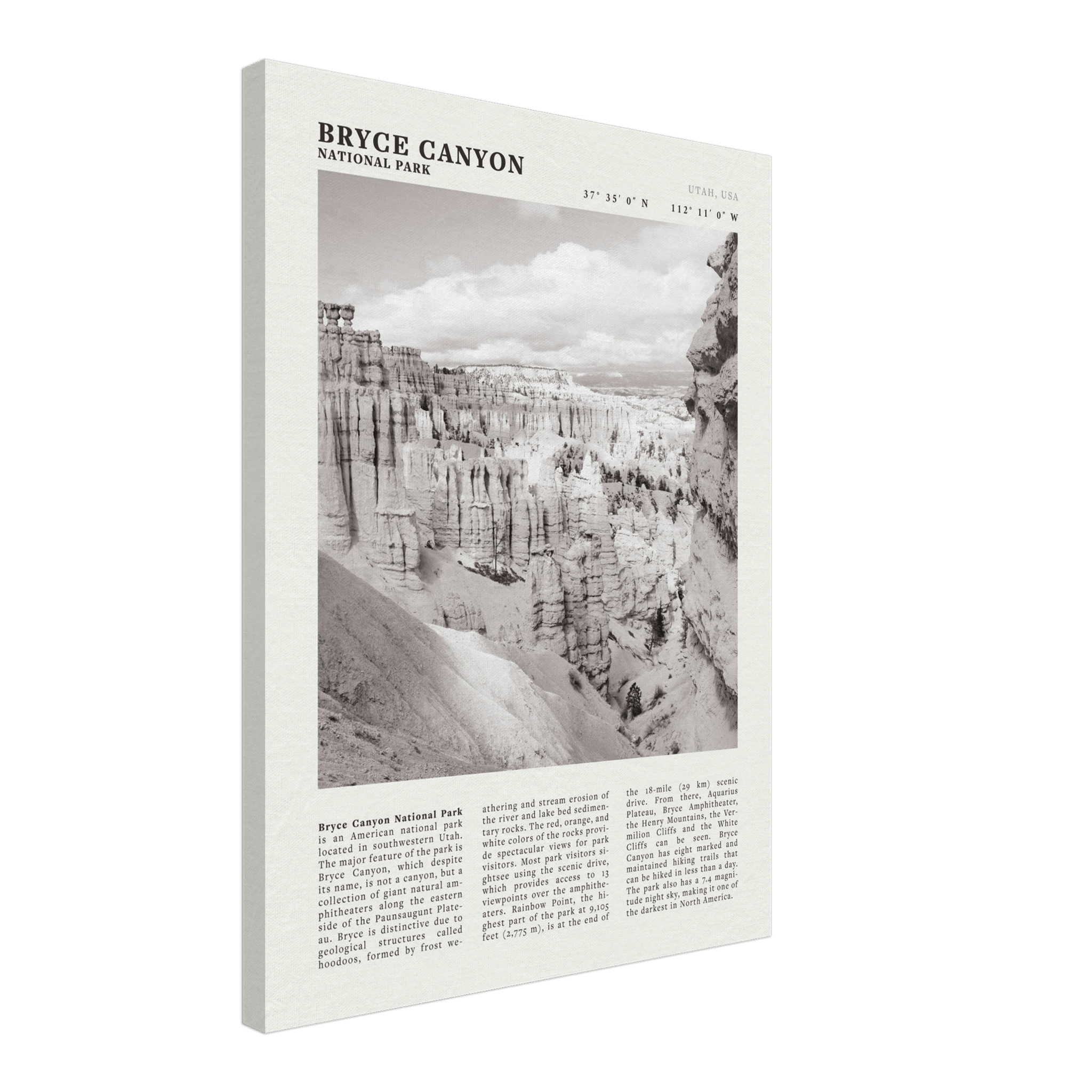 Bryce Canyon National Park Poster | Black & White Utah Hoodoos Wall Art Print - Evergreen Posters - 64