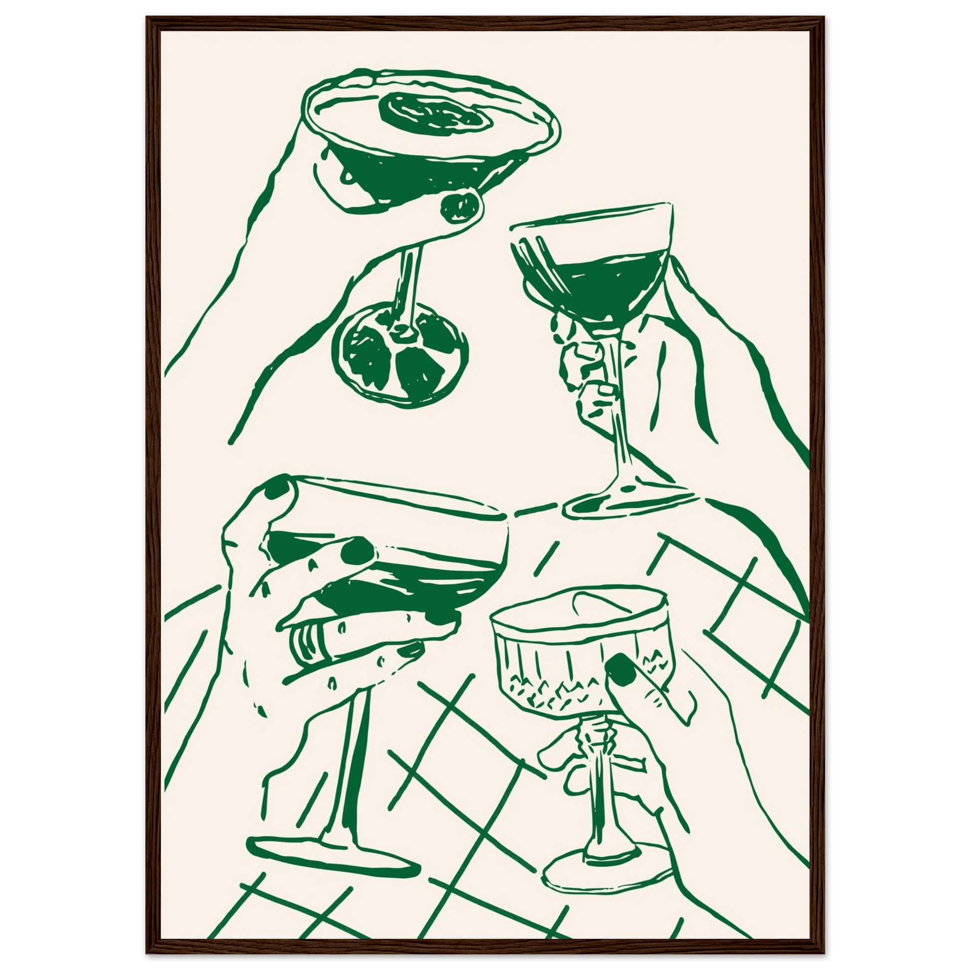 Cheers Print | Forest Green Cocktail Glasses Wall Art | Kitchen Bar Poster - Evergreen Posters