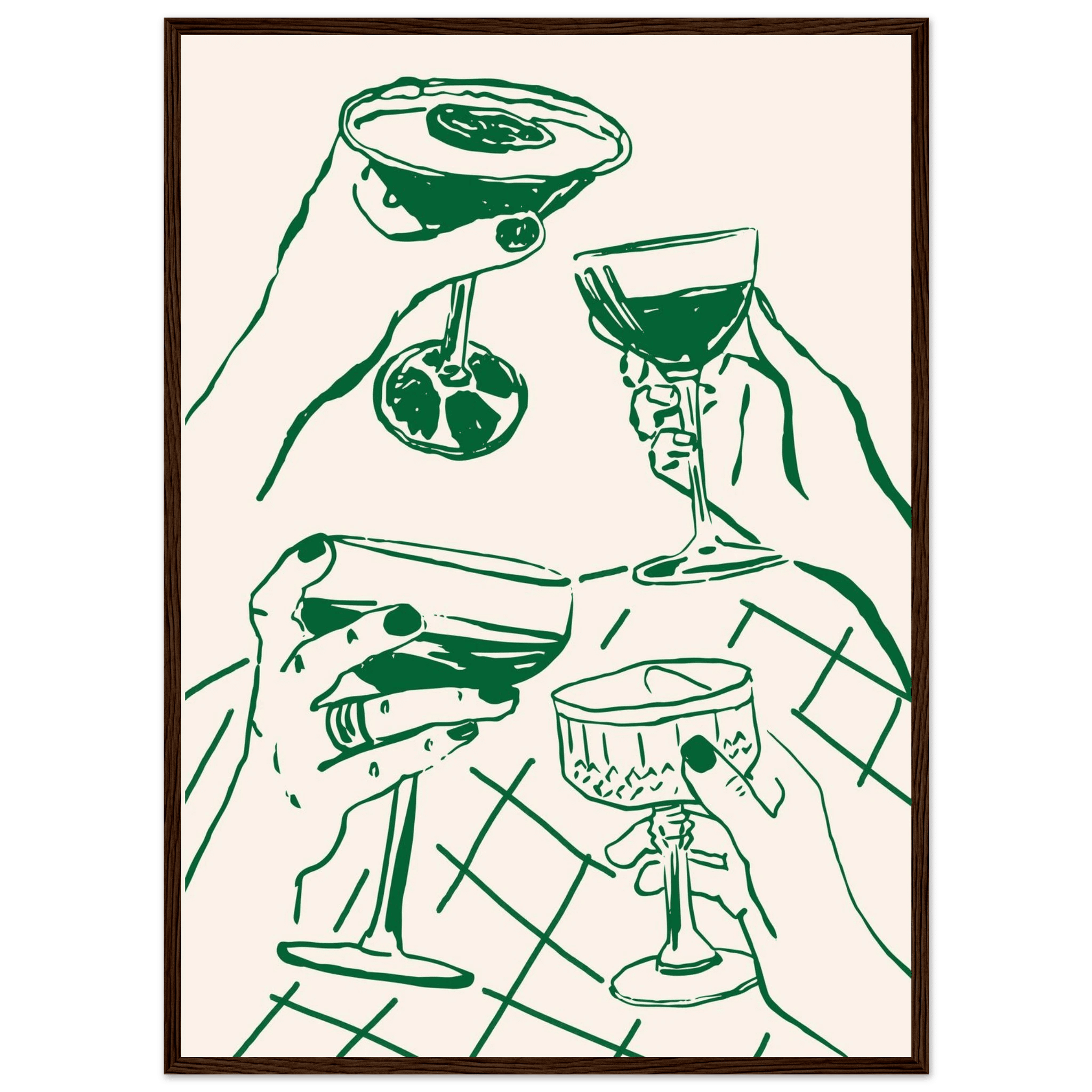 Cheers Print | Forest Green Cocktail Glasses Wall Art | Kitchen Bar Poster - Evergreen Posters
