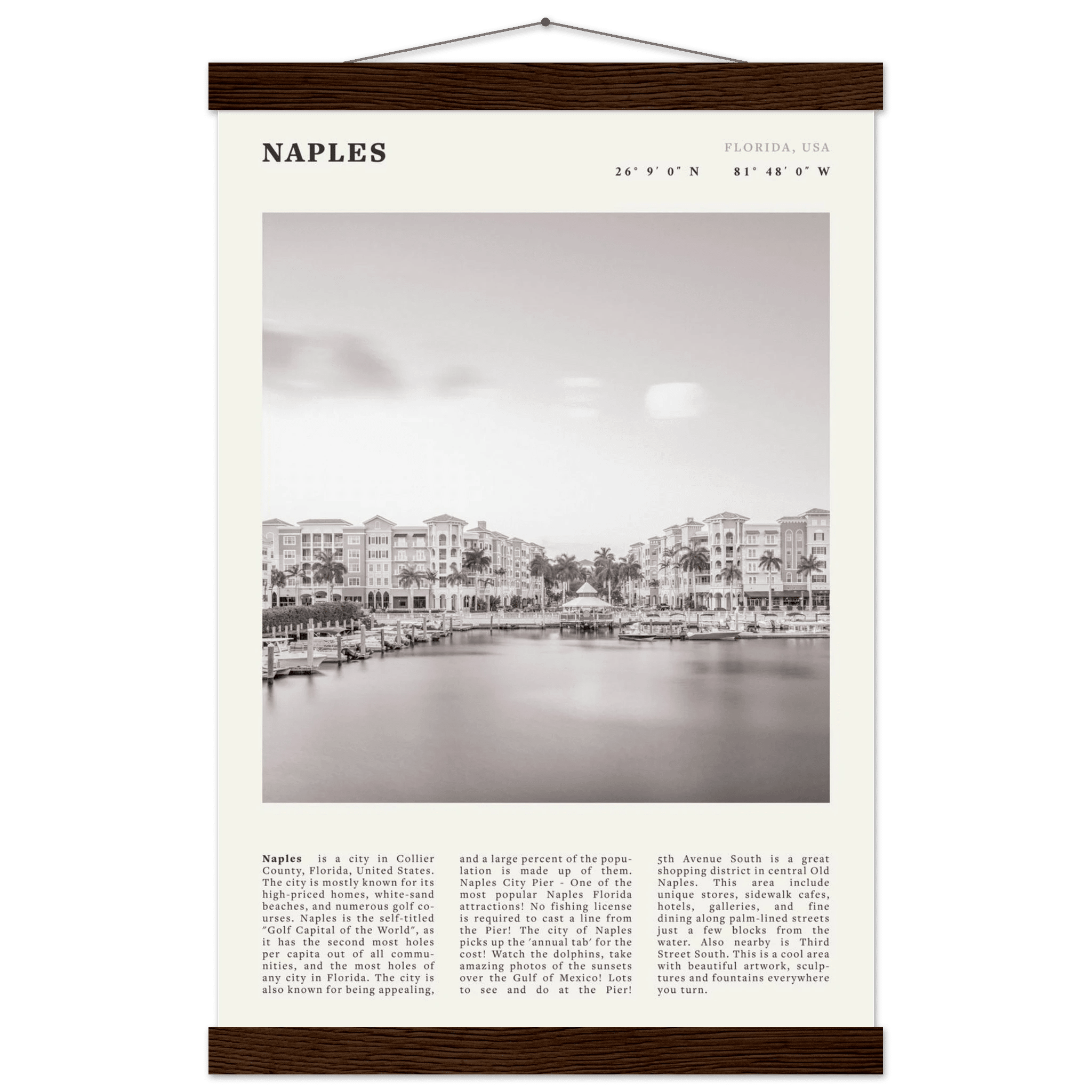 Naples Florida Poster | Black & White Gulf Coast Wall Art | FL Travel Print - Evergreen Posters