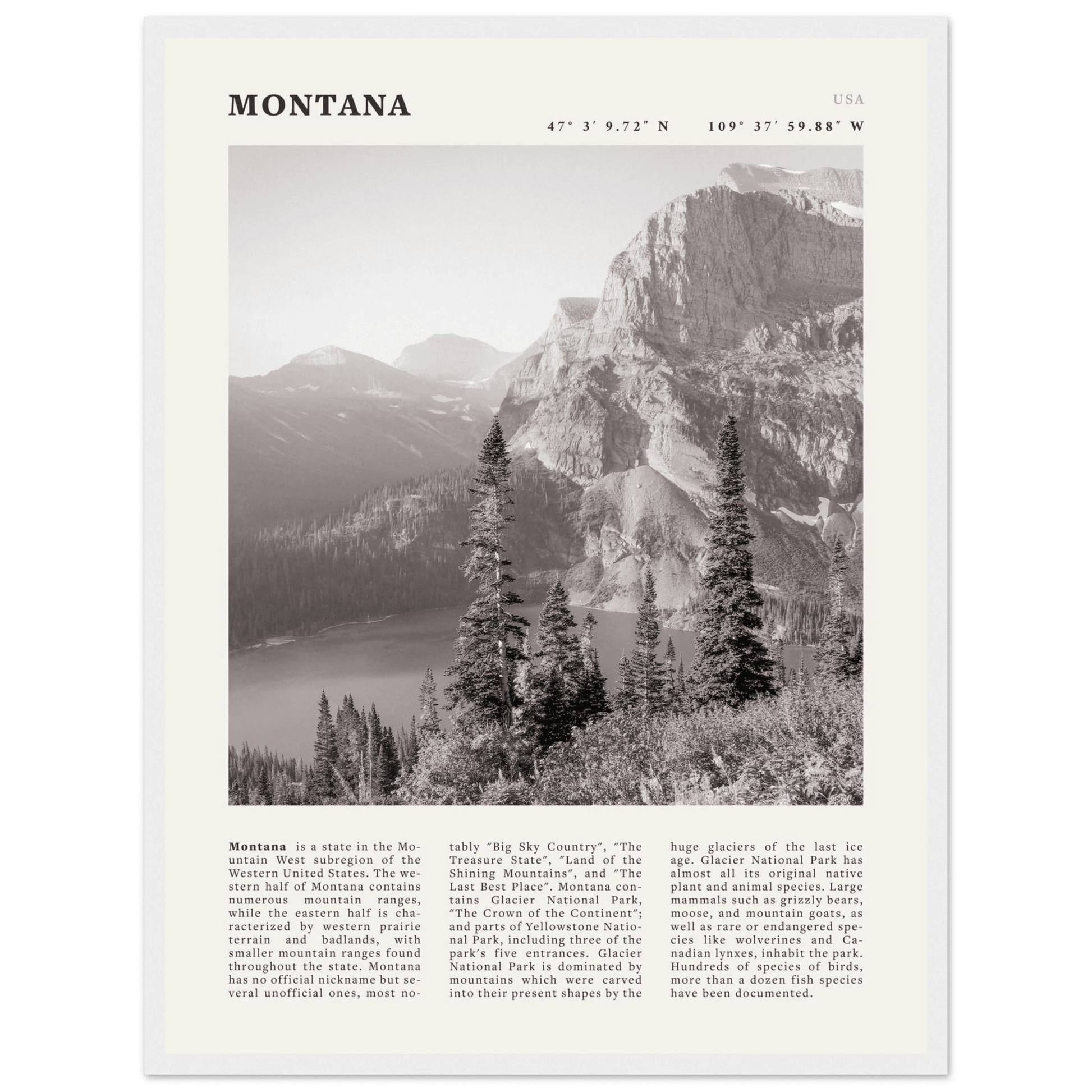 Montana Poster | Black & White Glacier National Park Wall Art | Nature Travel Print - Evergreen Posters