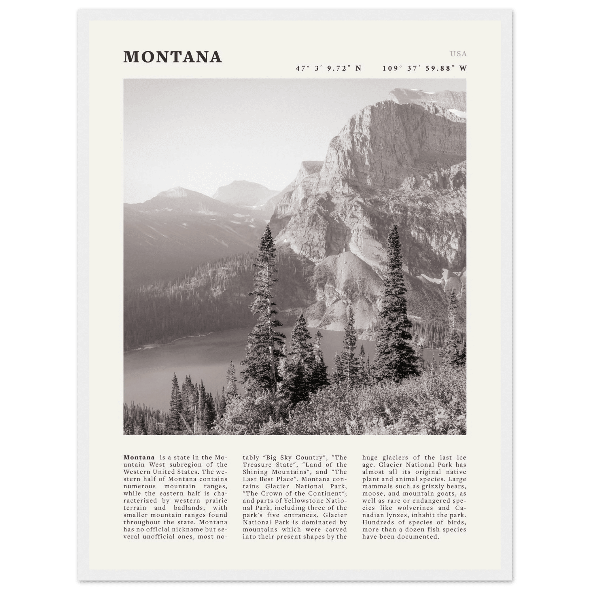 Montana Poster | Black & White Glacier National Park Wall Art | Nature Travel Print - Evergreen Posters