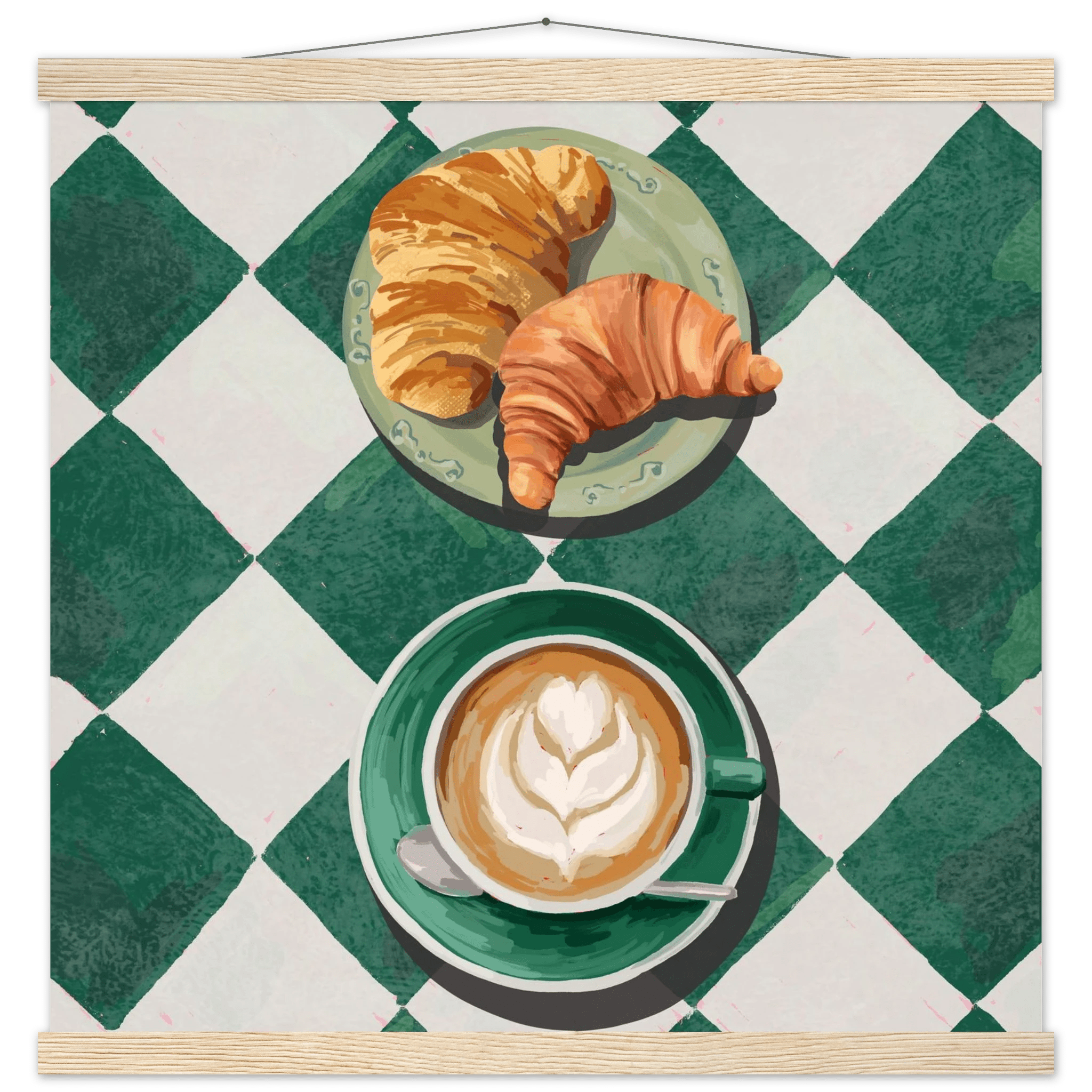 Croissant & Latte Poster | Classic Kitchen Wall Art | Green Tile Square Breakfast Print - Evergreen Posters - 22