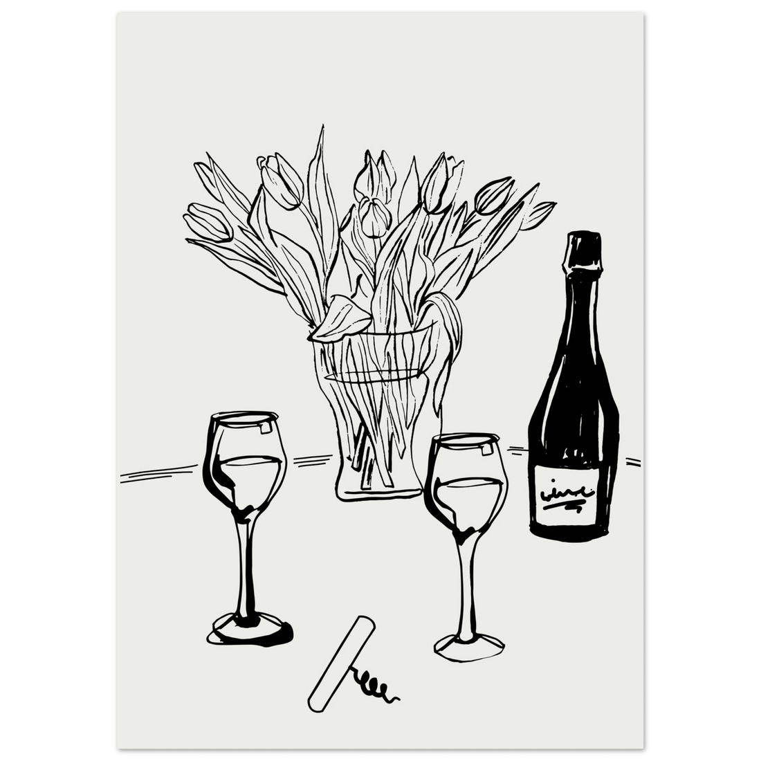 Wine & Tulips Print | Black Line Art Wine Bottle Wall Art | Minimalist Kitchen Poster - Evergreen Posters