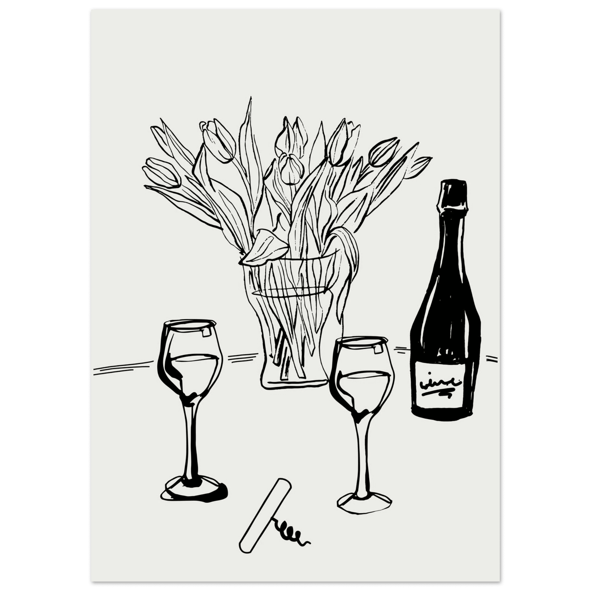 Wine & Tulips Print | Black Line Art Wine Bottle Wall Art | Minimalist Kitchen Poster - Evergreen Posters