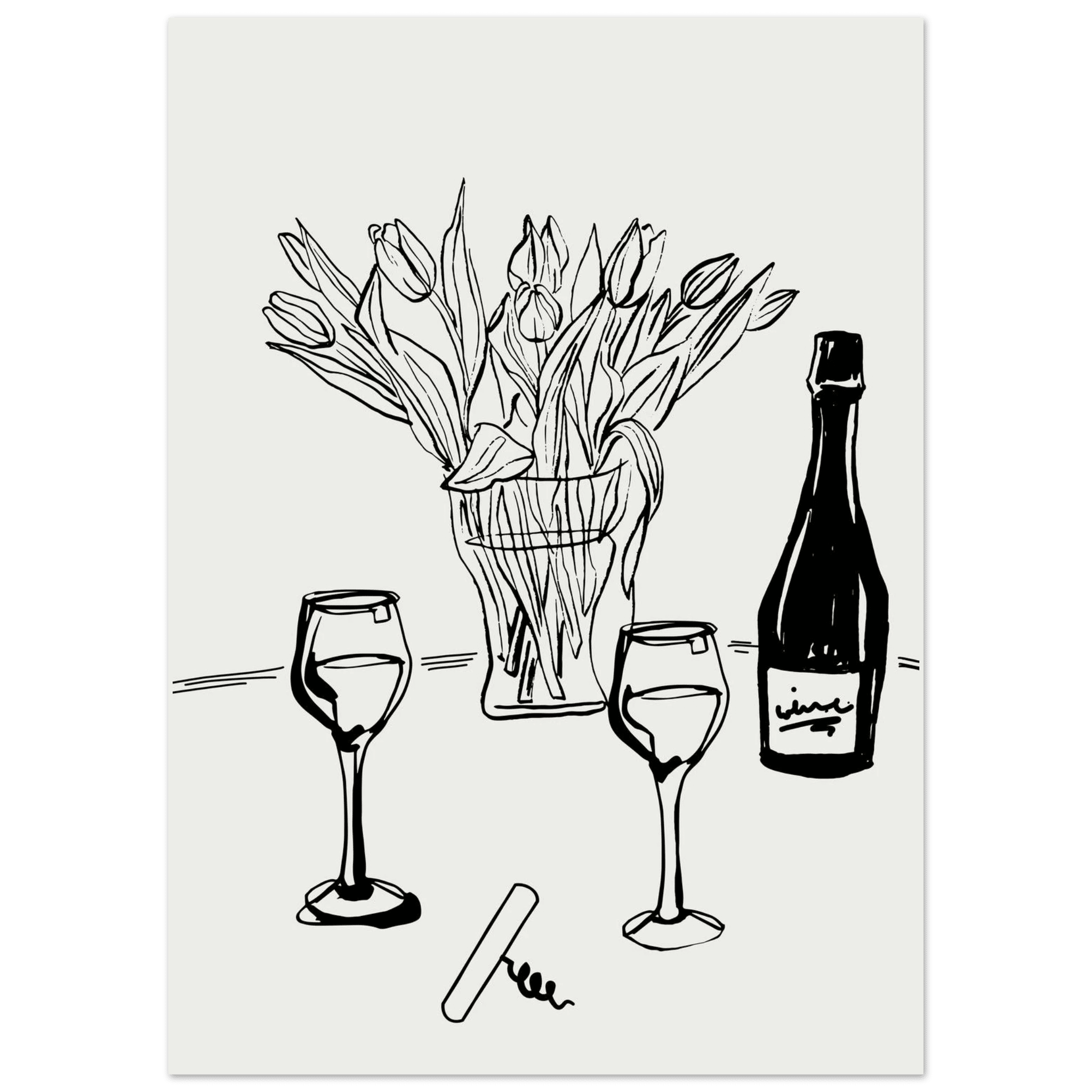 Wine & Tulips Print | Black Line Art Wine Bottle Wall Art | Minimalist Kitchen Poster - Evergreen Posters